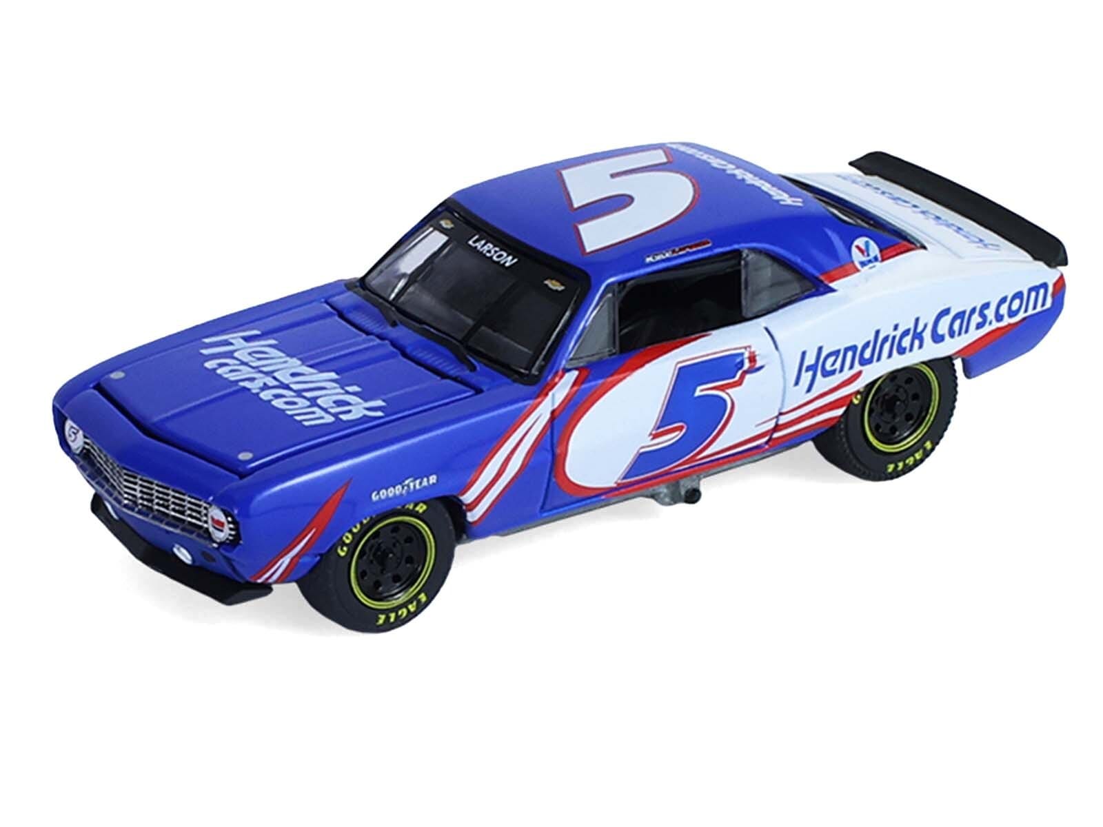 1986 Chevrolet K5 Blazer Blue and White and 1969 Chevrolet Camaro #5 Blue and White "Kyle Larson - Hendrick Motorsports" with Tandem Car Trailer "Racing Hitch & Tow" Series 6 1/64 Diecast Model Cars by Greenlight - Image 4