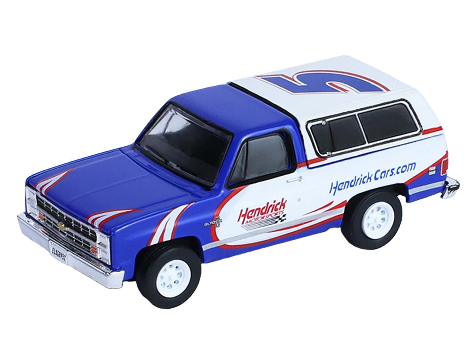 1986 Chevrolet K5 Blazer Blue and White and 1969 Chevrolet Camaro #5 Blue and White "Kyle Larson - Hendrick Motorsports" with Tandem Car Trailer "Racing Hitch & Tow" Series 6 1/64 Diecast Model Cars by Greenlight - Image 5