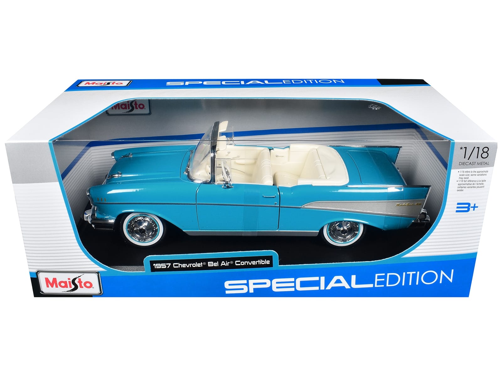1957 Chevrolet Bel Air Convertible Blue with White Interior "Special Edition" Series 1/18 Diecast Model Car by Maisto