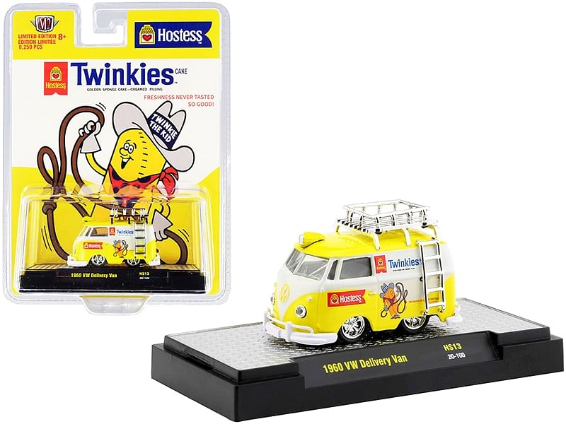 1960 Volkswagen Delivery Van with Ladder and Roof Rack White and Yellow “Twinkies” Limited Edition to 8250 pieces Worldwide 1/64 Diecast Model Car by M2 Machines