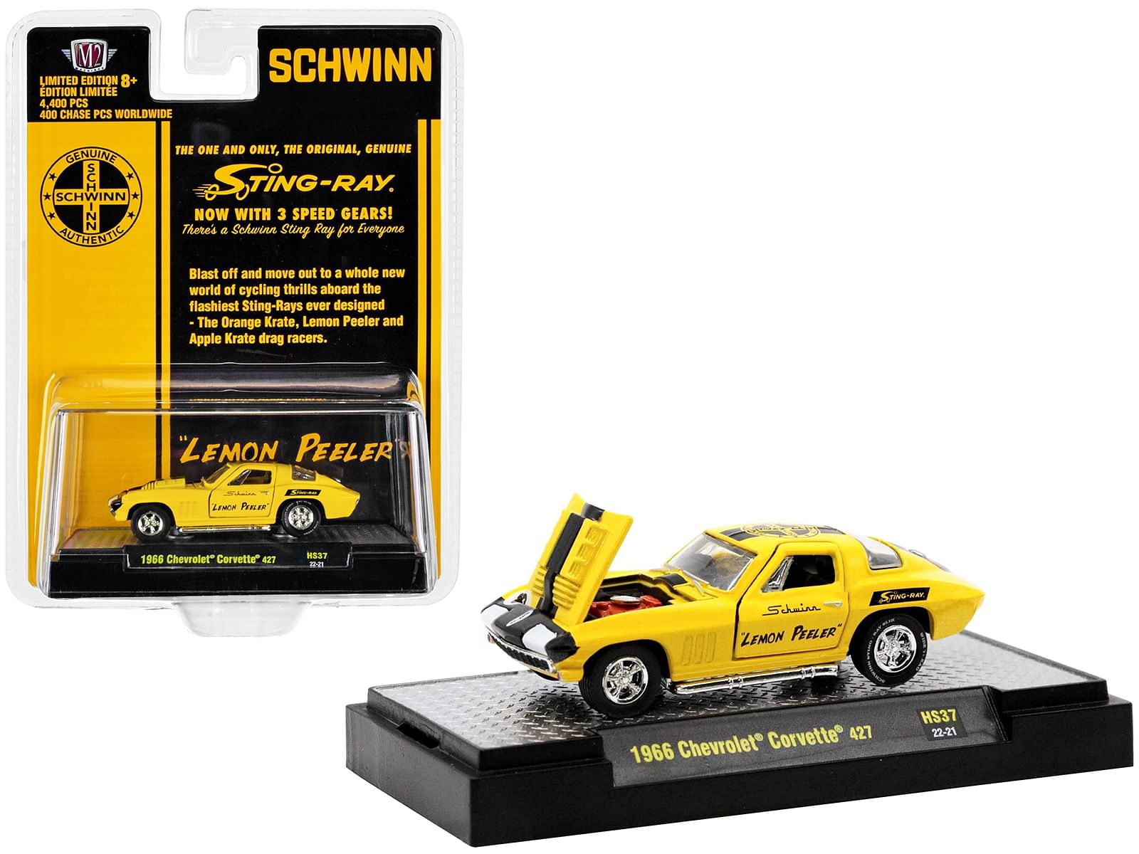 1966 Chevrolet Corvette 427 #68 Yellow with Black Stripes and Graphics “Schwinn Lemon Peeler” Limited Edition to 4400 pieces Worldwide 1/64 Diecast Model Car by M2 Machines