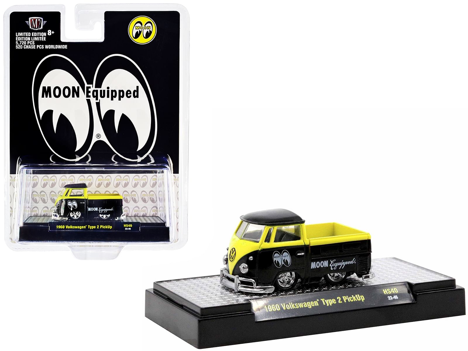 1960 Volkswagen Type 2 Pickup Truck Black and Bright Yellow “Mooneyes: Moon Equipped” Limited Edition to 5720 pieces Worldwide 1/64 Diecast Model Car by M2 Machine