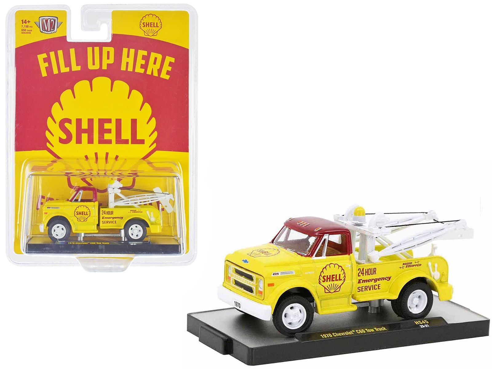 1970 Chevrolet C60 Tow Truck Yellow with Red Top and Yellow Interior “Shell Oil” Limited Edition to 7800 pieces Worldwide 1/64 Diecast Model Car by M2 Machines