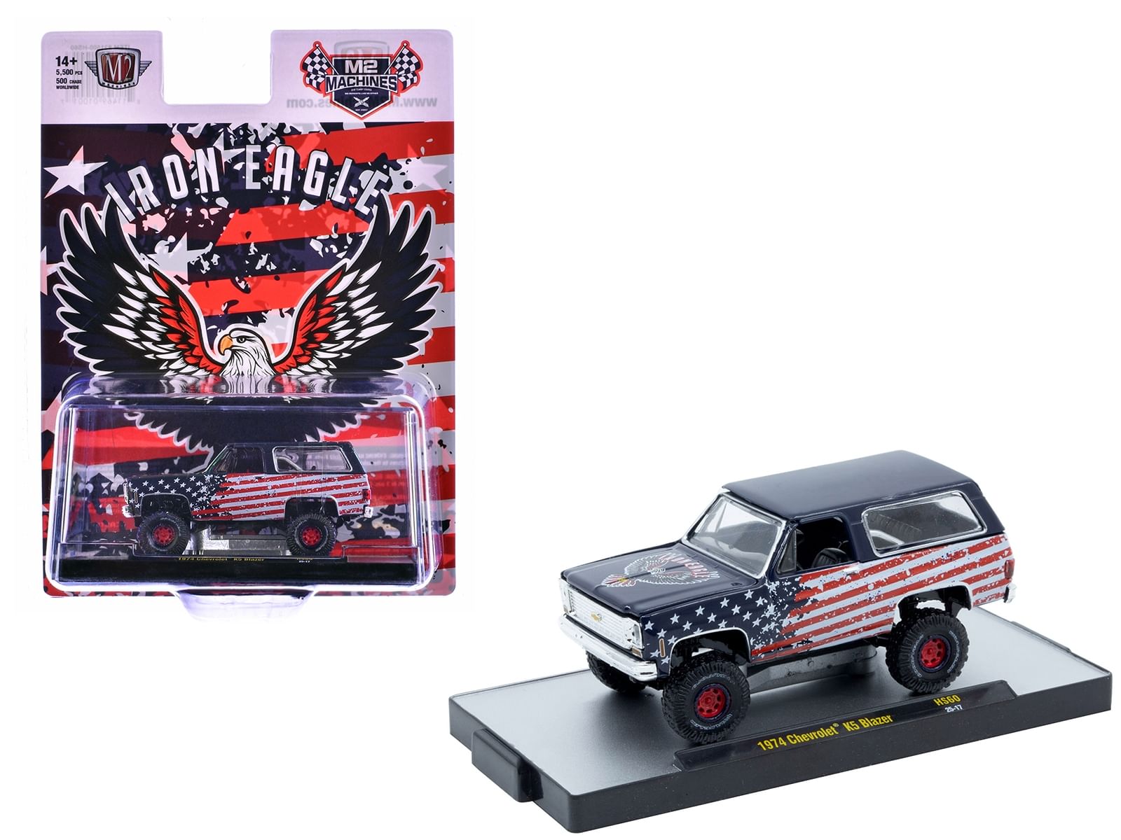 1974 Chevrolet K5 Blazer "Iron Eagle" Dark Blue with American Flag Graphics Limited Edition to 5500 pieces Worldwide 1/64 Diecast Model Car by M2 Machines
