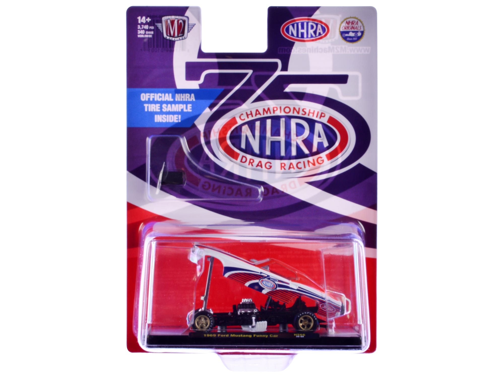 1969 Ford Mustang Funny Car "NHRA 75 Years" Red and White with Graphics Limited Edition to 3740 pieces Worldwide 1/64 Diecast Model Car by M2 Machines - Image 3