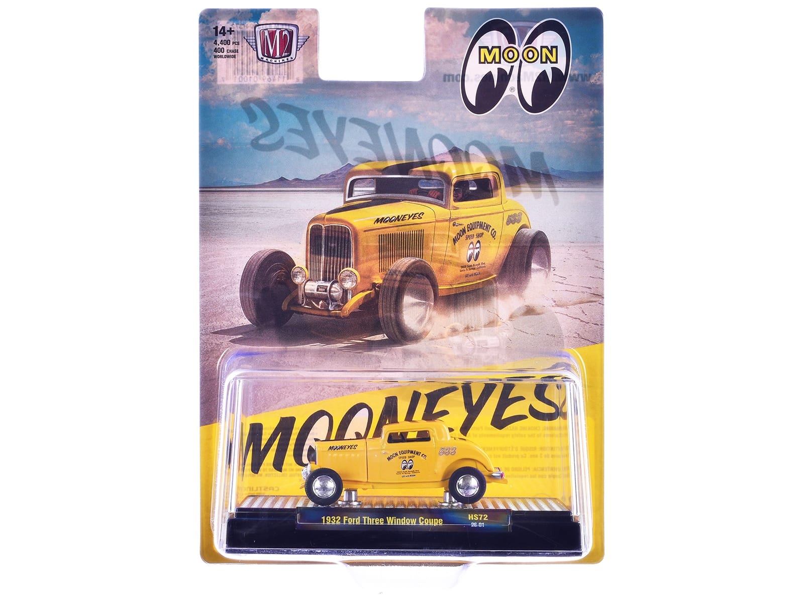 1932 Ford Three-Window Coupe "MoonEyes" Yellow with Black Stripe Limited Edition to 4400 pieces Worldwide 1/64 Diecast Model Car by M2 Machines - Image 3