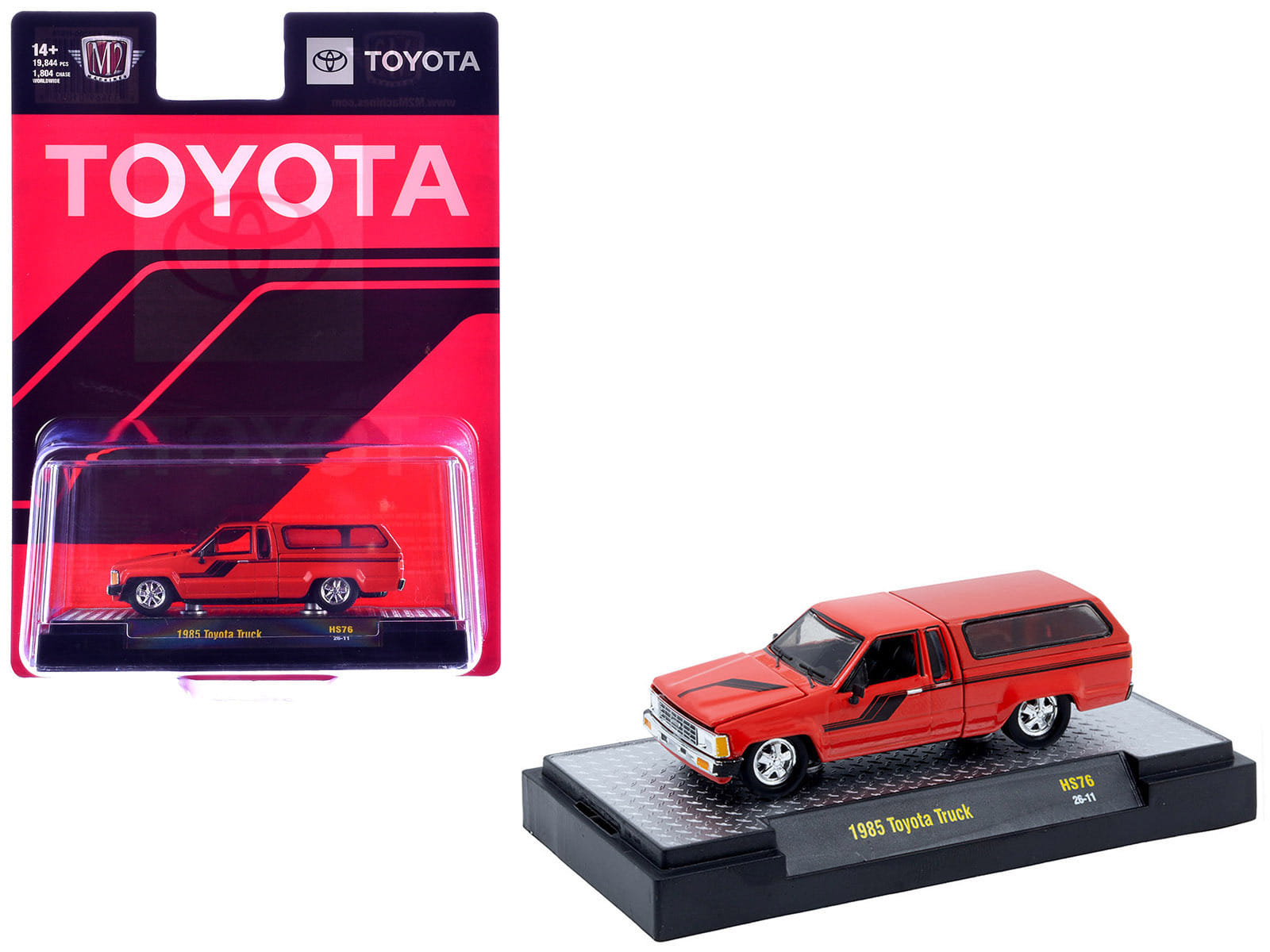 1985 Toyota SR5 Pickup Truck with Camper Shell Red with Black Stripes Limited Edition to 19844 pieces Worldwide 1/64 Diecast Model Car by M2 Machines