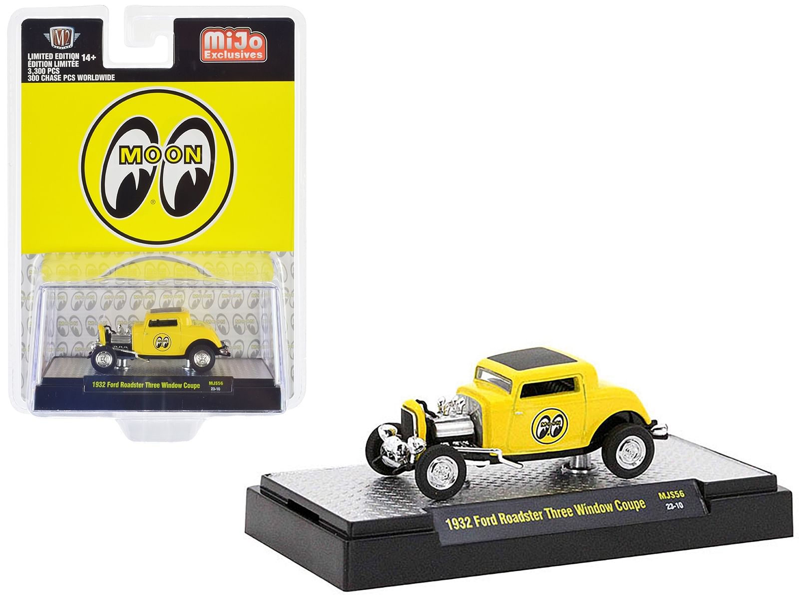 1932 Ford Roadster Three Window Coupe Yellow with Black Top “Mooneyes” Limited Edition to 3600 pieces Worldwide 1/64 Diecast Model Car by M2 Machines