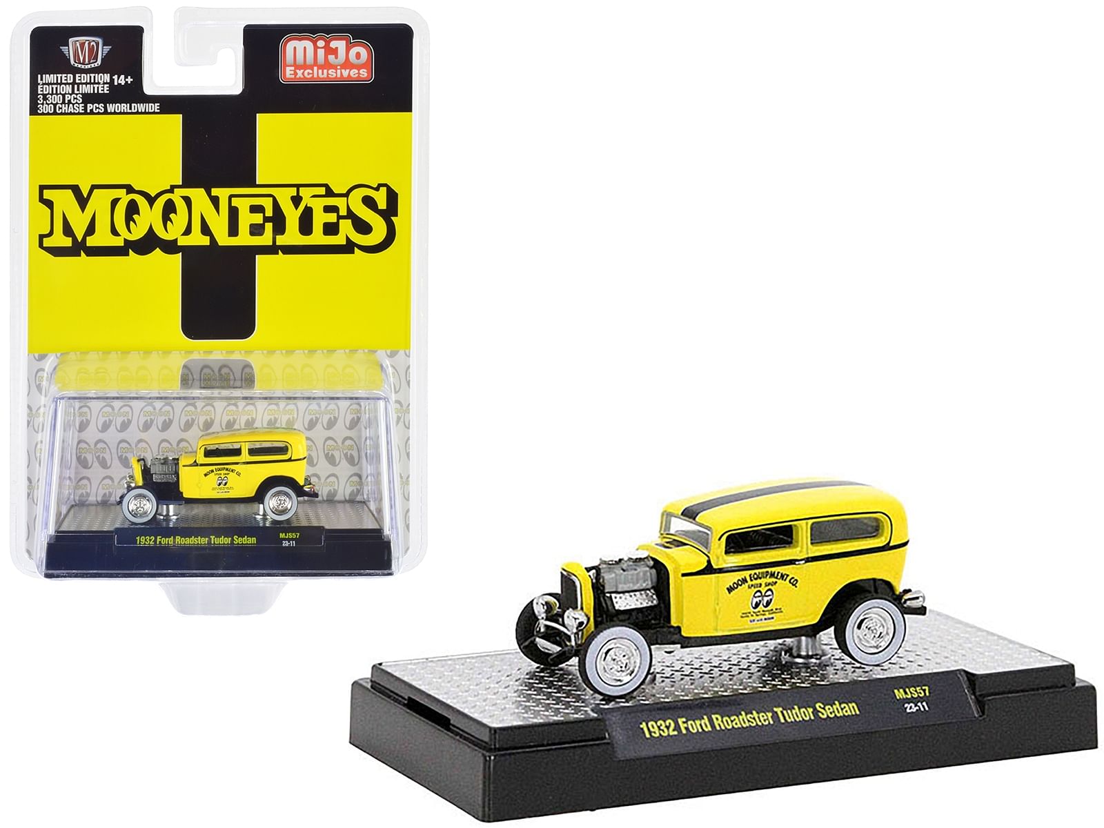 1932 Ford Roadster Tudor Sedan Yellow with Black Stripes “Mooneyes” Limited Edition to 3300 pieces Worldwide 1/64 Diecast Model Car by M2 Machines