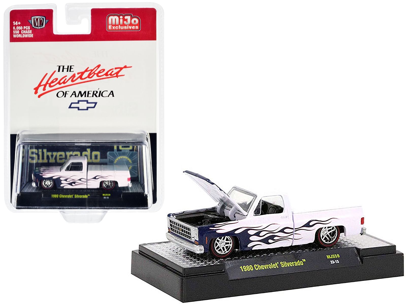 1980 Chevrolet Silverado Pickup Truck White with Blue Flames “The Heartbeat of America” Limited Edition to 6050 pieces Worldwide 1/64 Diecast Model Car by M2 Machines