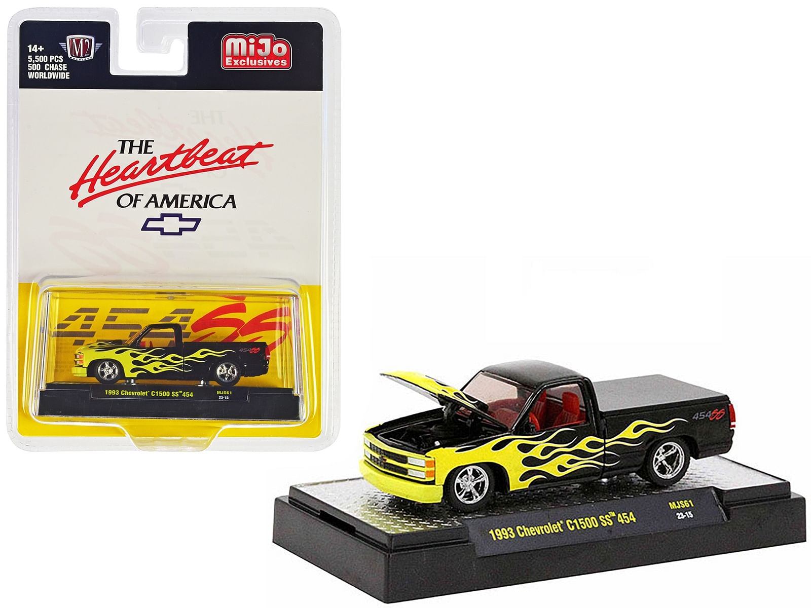 1993 Chevrolet C1500 SS 454 Pickup Truck Black with Yellow Flames and Red Interior “The Heartbeat of America” Limited Edition to 5500 pieces Worldwide 1/64 Diecast Model Car by M2 Machines