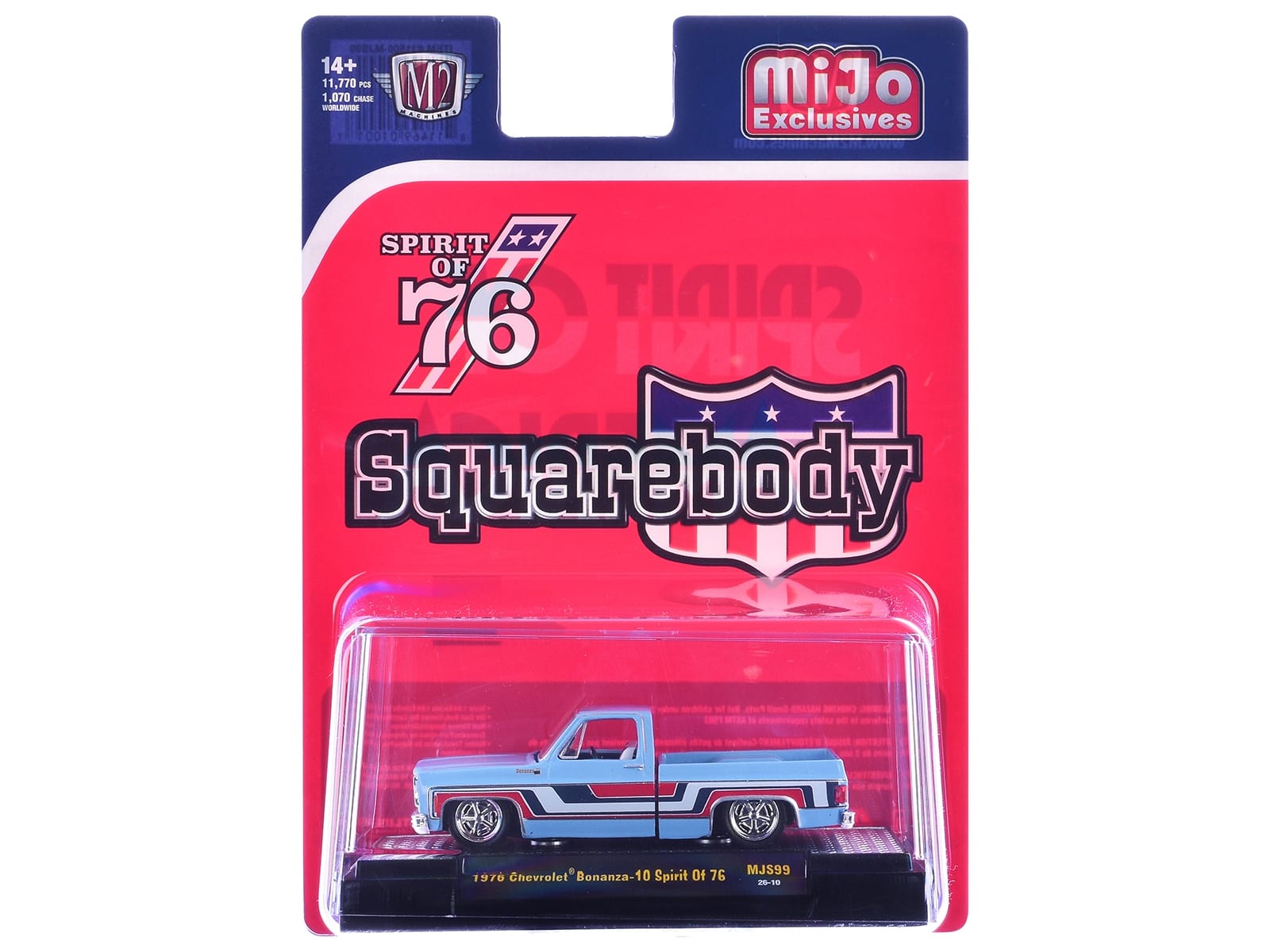 1976 Chevrolet Silverado Bonanza-10 Pickup Truck "Spirit of '76" Light Blue with Red White and Blue Graphics Limited Edition to 11770 pieces Worldwide 1/64 Diecast Model Car by M2 Machines - Image 3