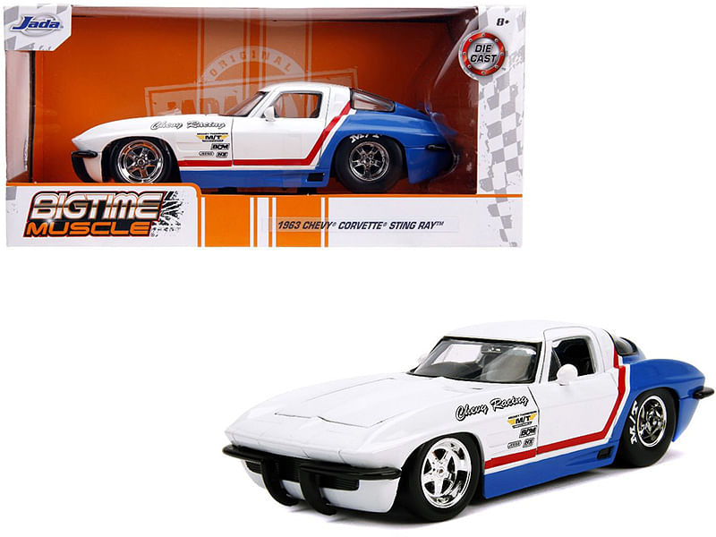 1963 Chevrolet Corvette Stingray White and Blue with Red Stripe “Chevy Racing” “Bigtime Muscle” 1/24 Diecast Model Car by Jada