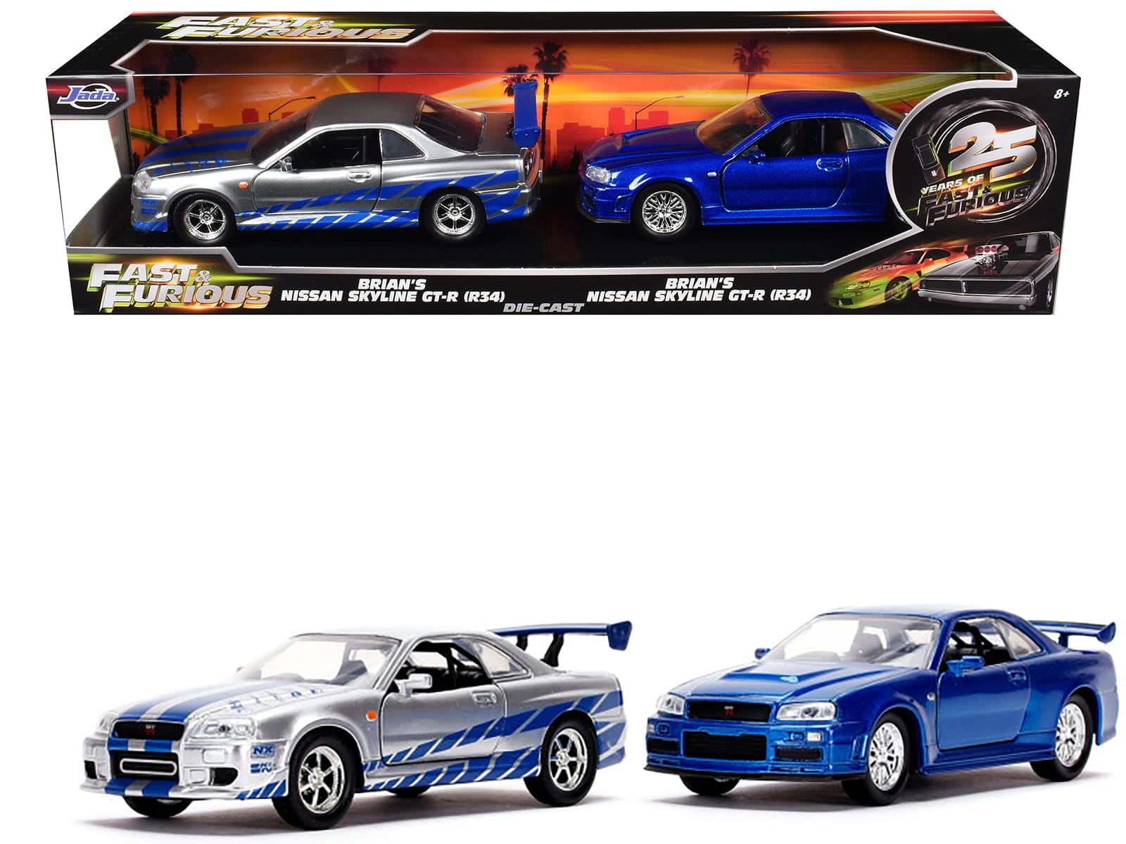 Brian's Nissan Skyline GT-R (BNR34) Silver with Blue Stripes and Nissan GT-R (BNR34) Blue Metallic Set of 2 pieces "25 Years of Fast & Furious" Series 1/32 Diecast Model Cars by Jada