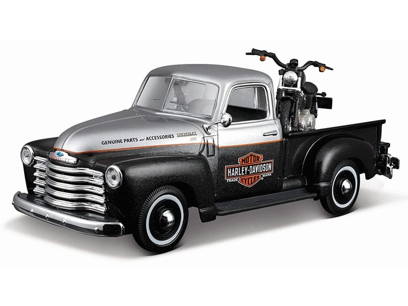 1950 Chevrolet 3100 Pickup Truck "Harley Davidson" Silver Metallic and Black with 1948 Harley Davidson FL Panhead Motorcycle Black "HD Custom" Series 1/24 Diecast Models by Maisto - Image 2