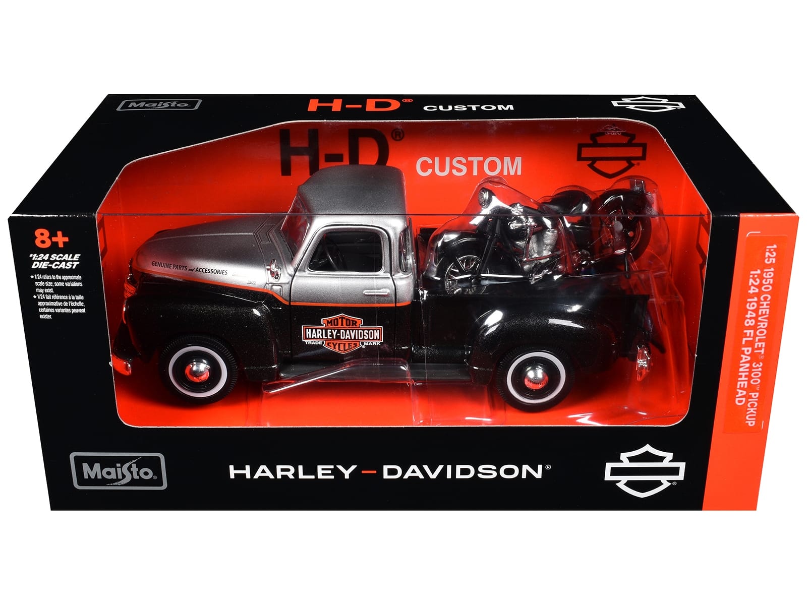 1950 Chevrolet 3100 Pickup Truck "Harley Davidson" Silver Metallic and Black with 1948 Harley Davidson FL Panhead Motorcycle Black "HD Custom" Series 1/24 Diecast Models by Maisto - Image 3