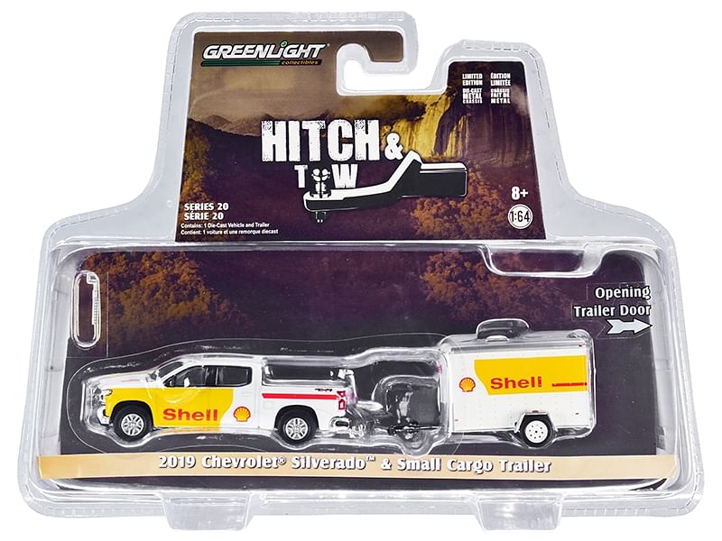 2019 Chevrolet Silverado 4×4 Pickup Truck and Small Cargo Trailer White and Yellow “Shell Oil” “Hitch & Tow” Series 20 1/64 Diecast Model Car by Greenlight