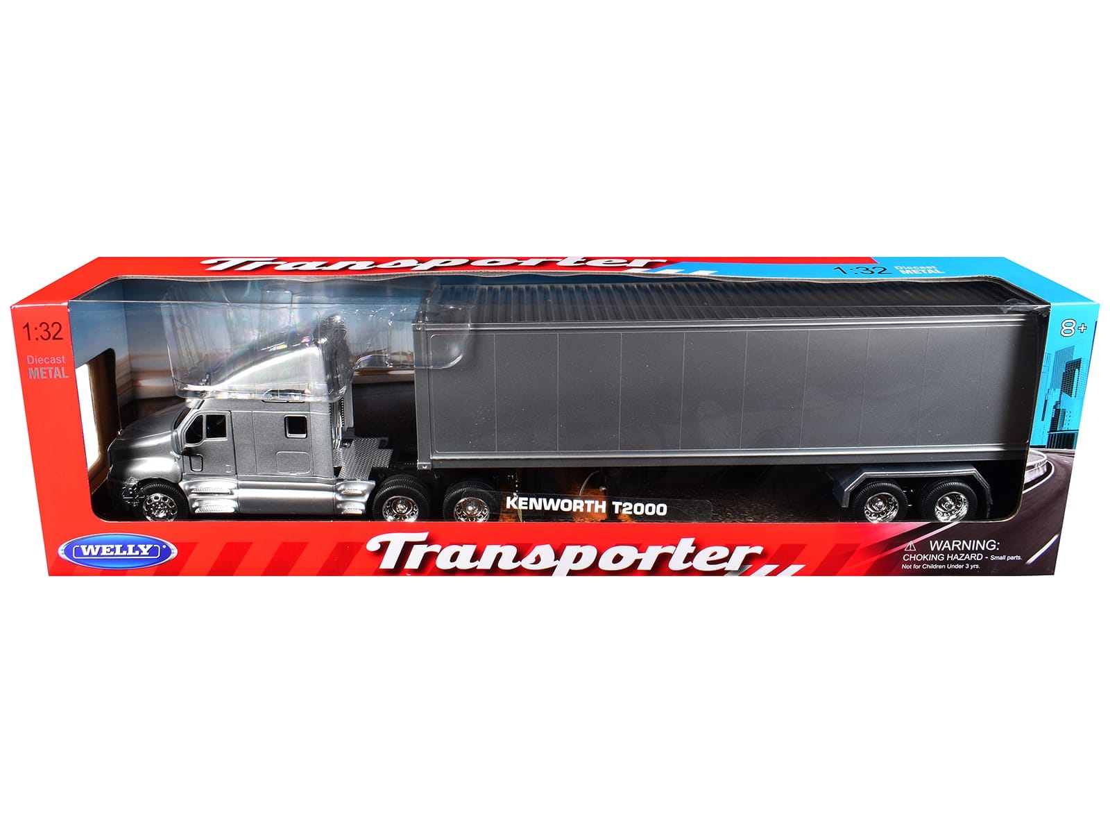 Kenworth T2000 Truck Silver Metallic with Gray Container "Transporter" Series 1/32 Diecast Model by Welly