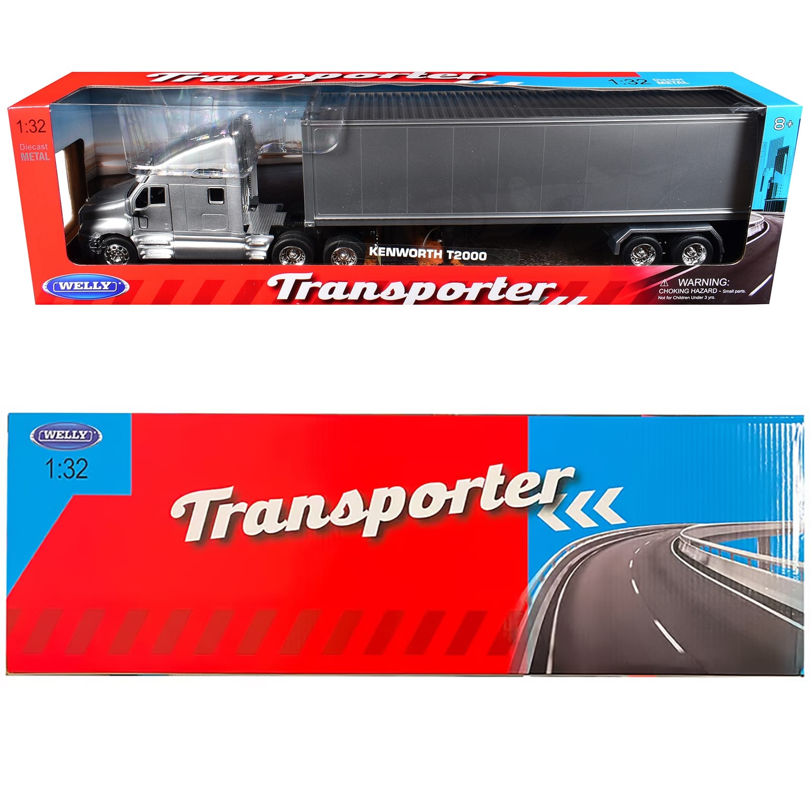 Kenworth T2000 Truck Silver Metallic with Gray Container "Transporter" Series 1/32 Diecast Model by Welly - Image 3