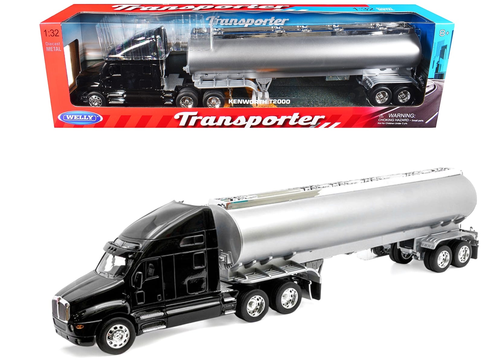 Kenworth T2000 Truck Black with Silver Tanker Trailer "Transporter" Series 1/32 Diecast Model by Welly