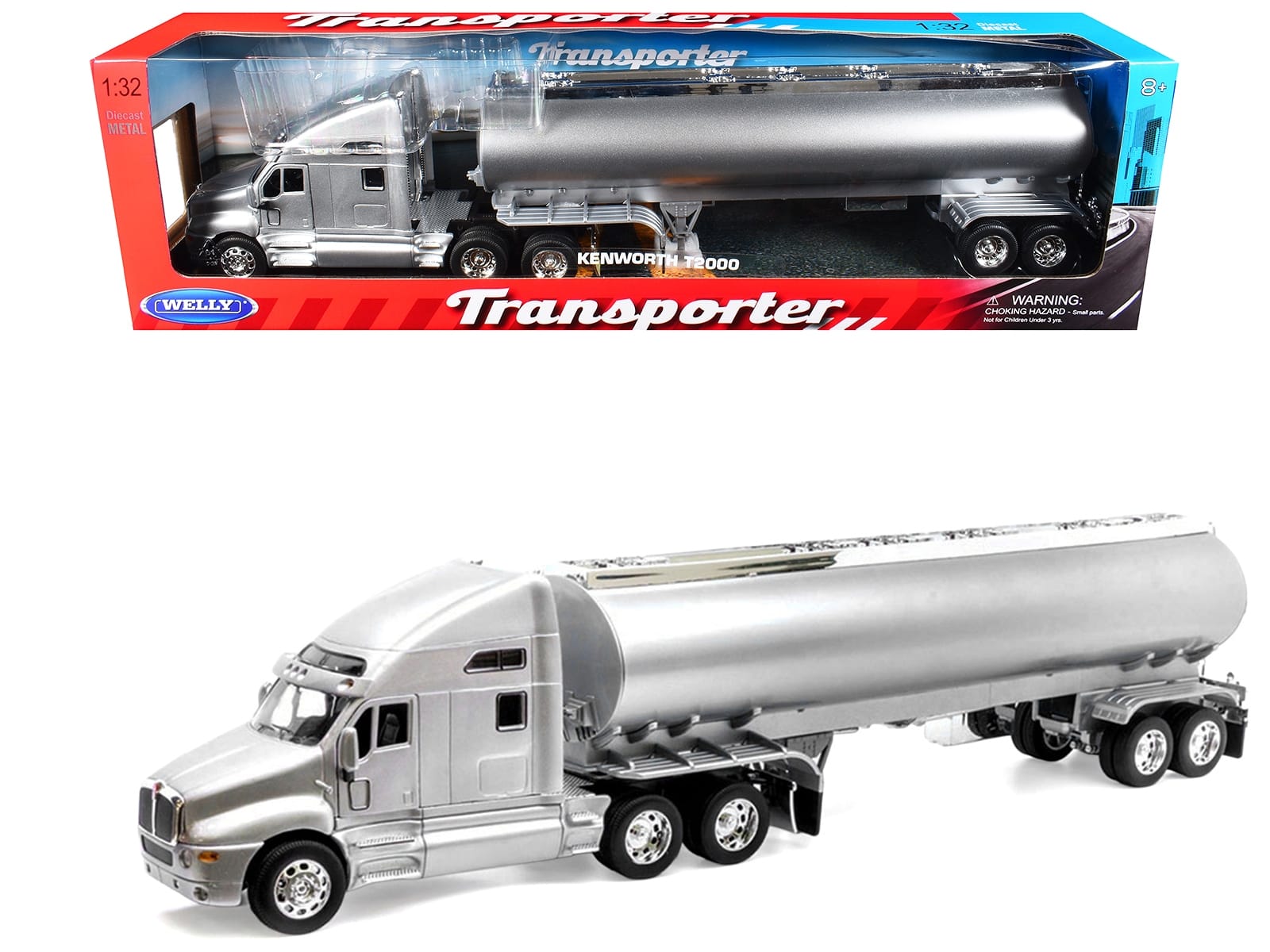 Kenworth T2000 Truck Silver Metallic with Silver Tanker Trailer "Transporter" Series 1/32 Diecast Model by Welly