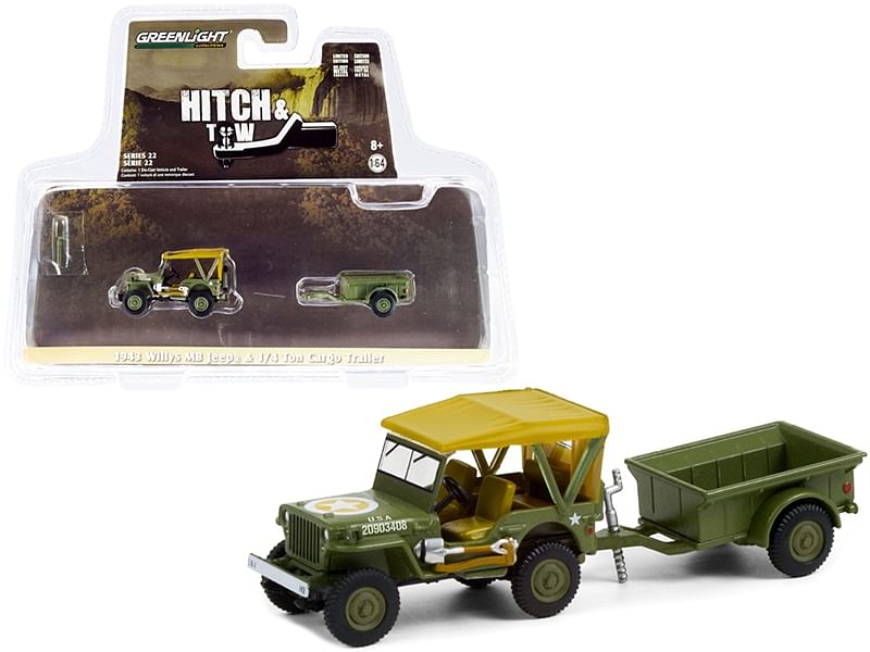 1943 Willys MB Jeep Army Green with Brown Top and 1/4 Ton Cargo Trailer Army Green “Hitch & Tow” Series 22 1/64 Diecast Model Car by Greenlight