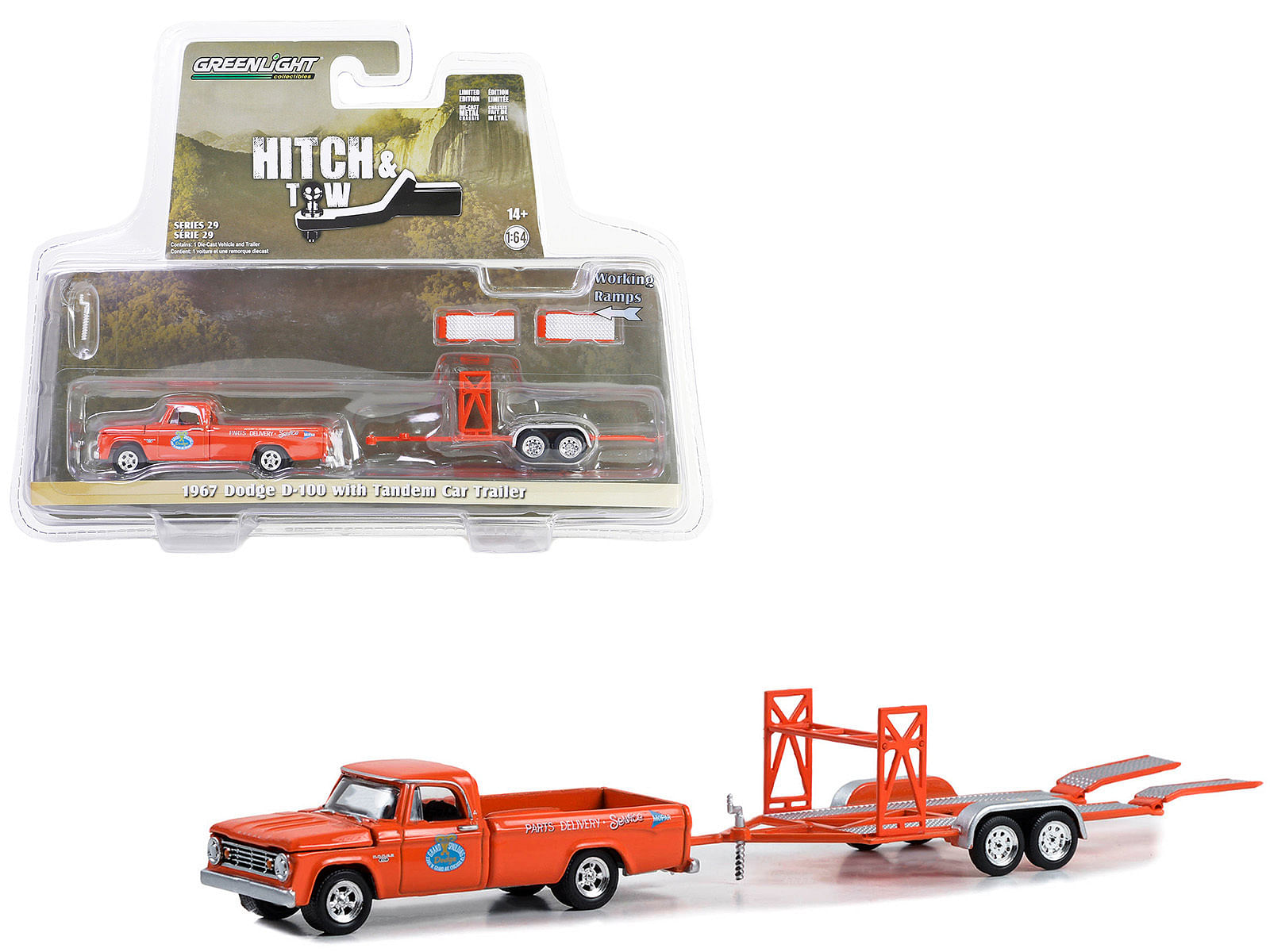 1967 Dodge D-100 Pickup Truck Orange and Tandem Car Trailer “Mr. Norm’s Grand Spaulding Dodge” “Hitch & Tow” Series 29 1/64 Diecast Model Car by Greenlight