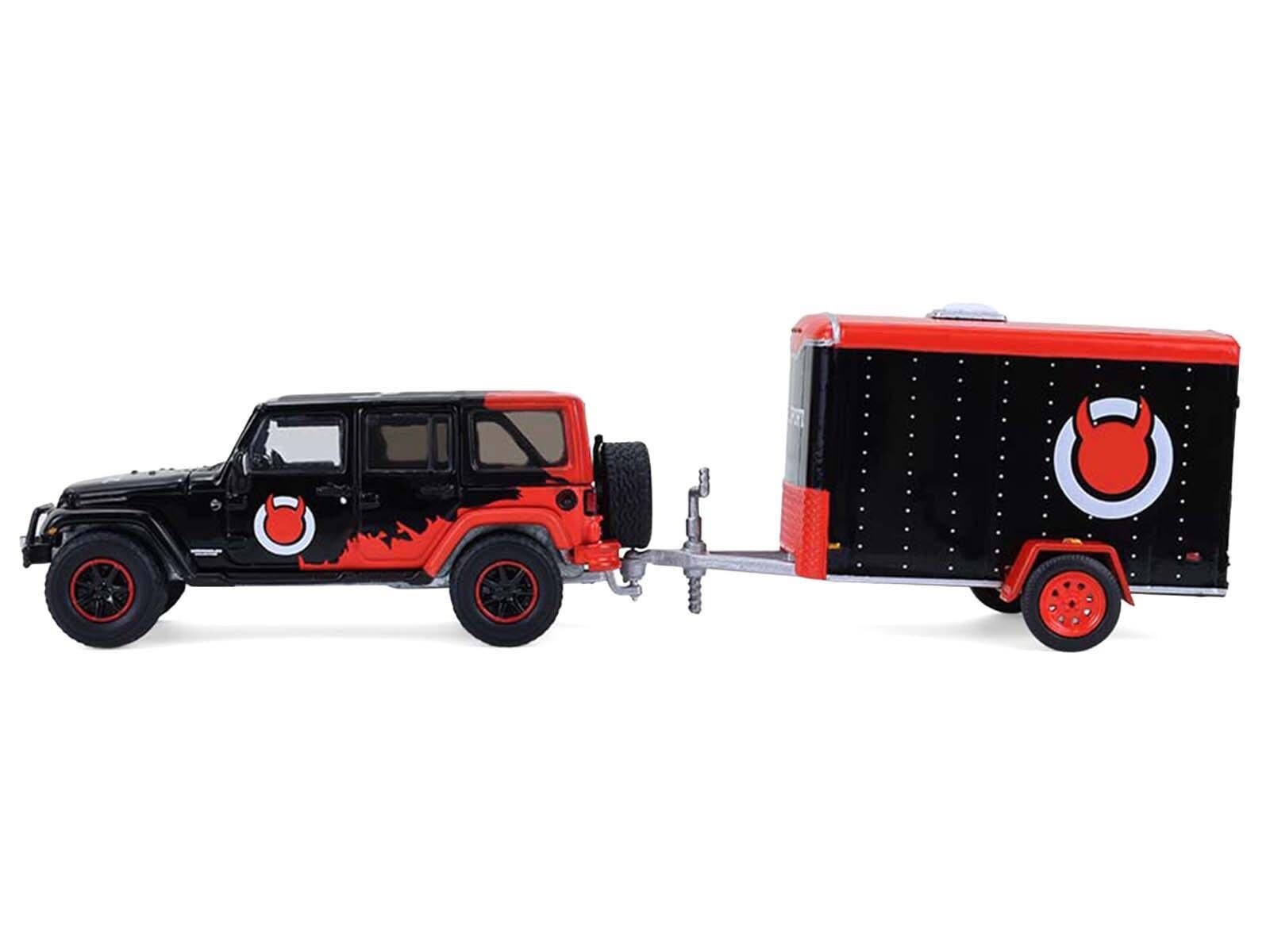 2012 Jeep Wrangler Unlimited "Diablo Sport" Black with Red Graphics and Small Cargo Trailer "Hitch & Tow" Series 33 1/64 Diecast Model Cars by Greenlight - Image 2