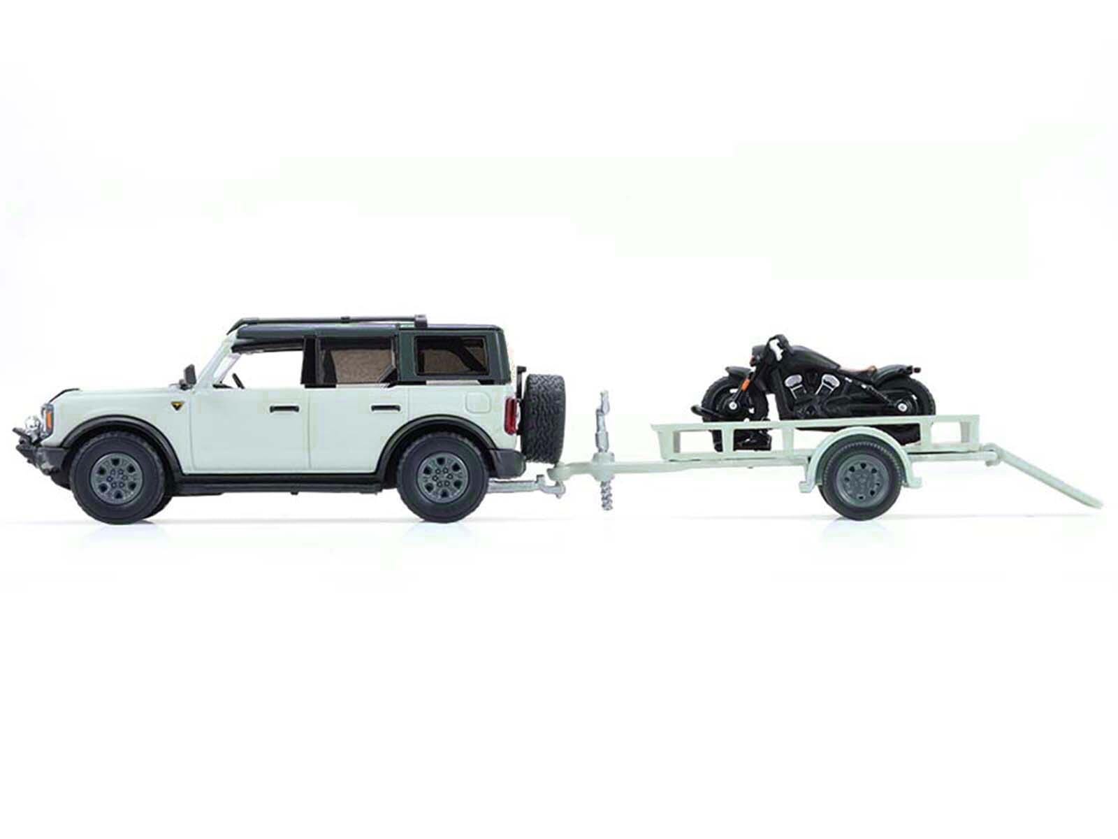 2021 Ford Bronco 4-Door Badlands Cactus Gray with Black Top and Motorcycle with Utility Trailer "Hitch & Tow" Series 33 1/64 Diecast Model Cars by Greenlight - Image 2
