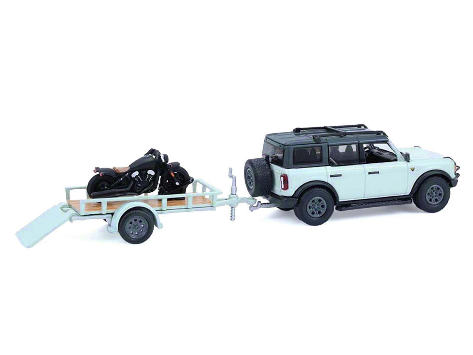 2021 Ford Bronco 4-Door Badlands Cactus Gray with Black Top and Motorcycle with Utility Trailer "Hitch & Tow" Series 33 1/64 Diecast Model Cars by Greenlight - Image 3