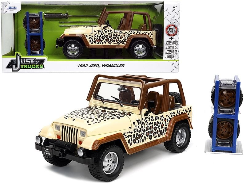 1992 Jeep Wrangler Tan and Brown with Graphics and Extra Wheels “Just Trucks” Series 1/24 Diecast Model Car by Jada