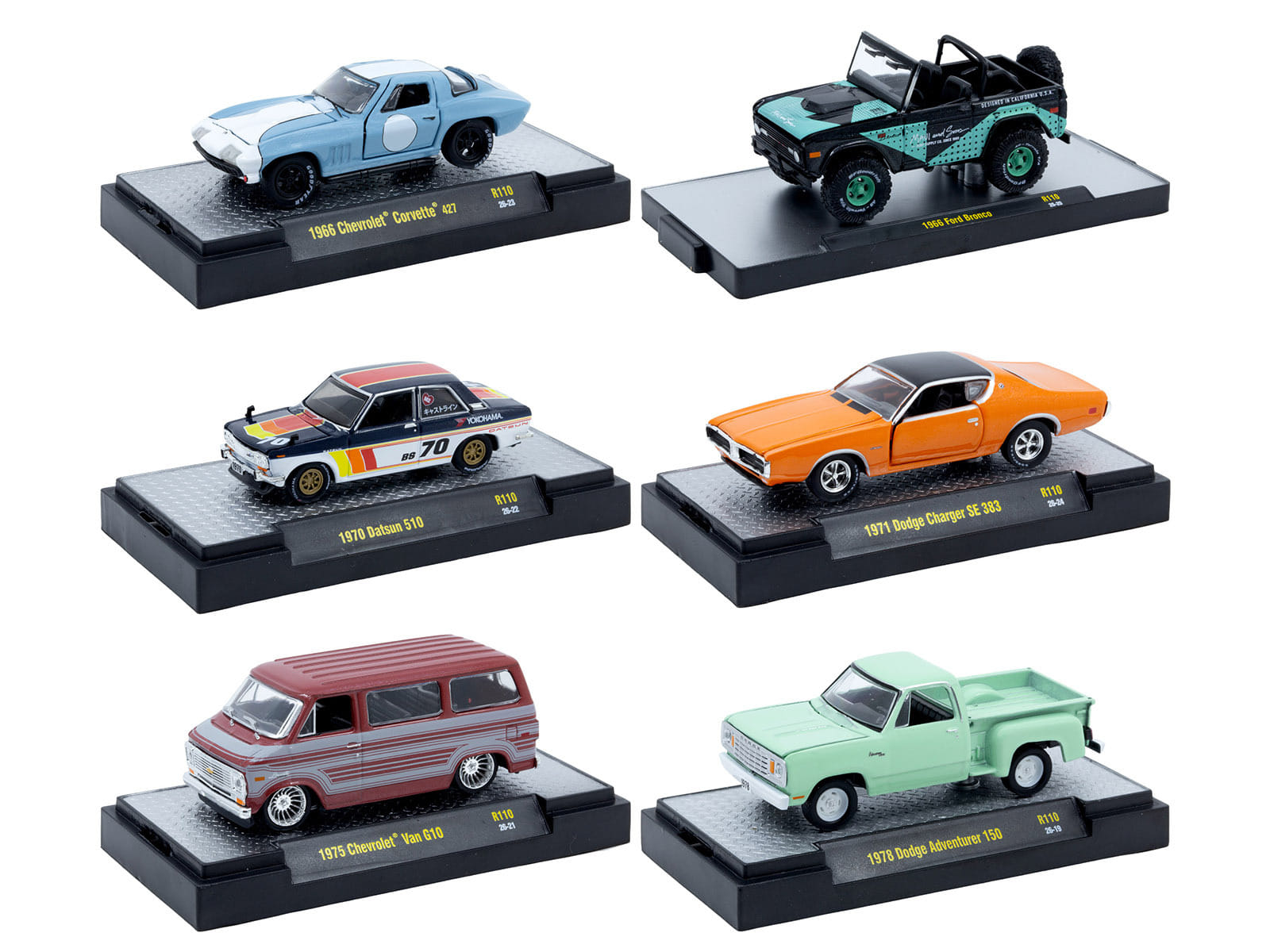 "Auto-Thentics" 6 piece Set Release 110 IN DISPLAY CASES Limited Edition 1/64 Diecast Model Cars by M2 Machines