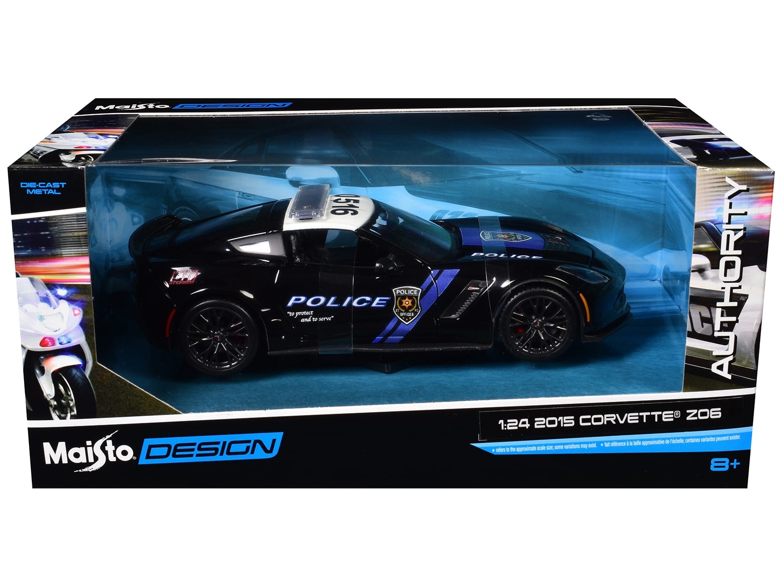 2015 Chevrolet Corvette Z06 "Police" Black with Blue Stripes and White Top "Maisto Design Authority" Series 1/24 Diecast Model Car by Maisto - Image 3