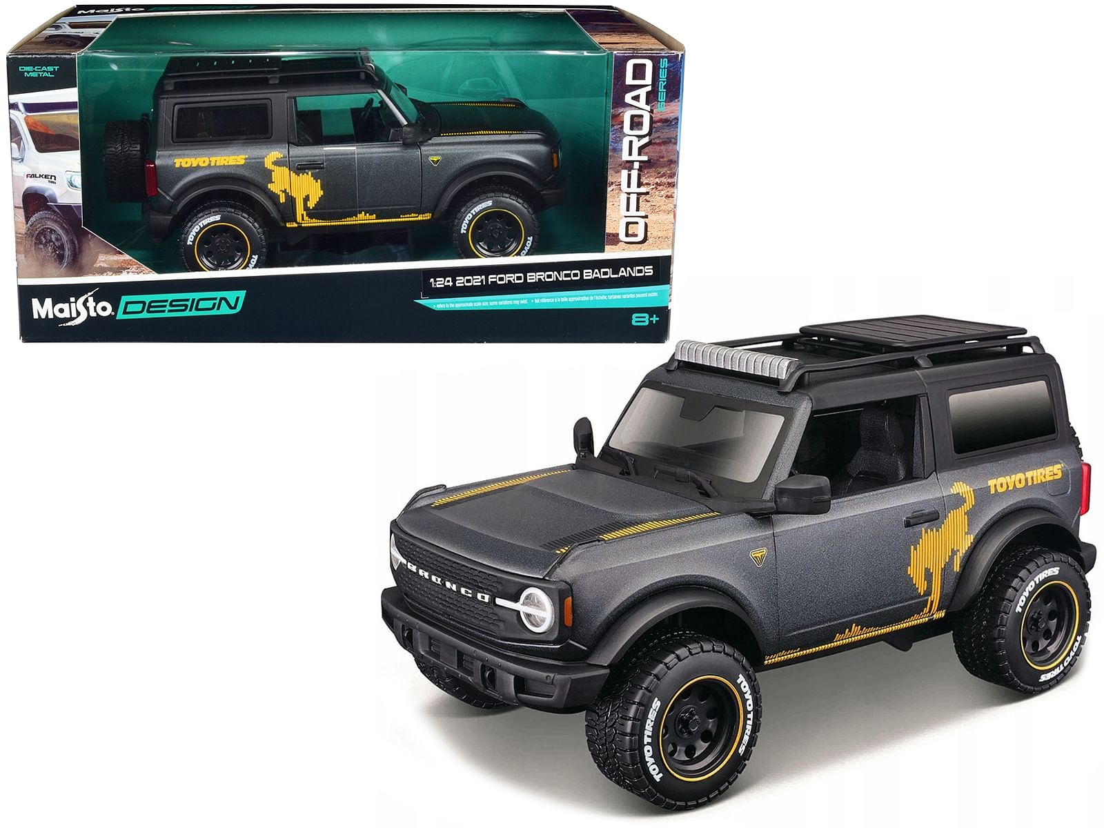 2021 Ford Bronco Badlands Dark Gray Metallic with Gold Graphics and Roof Rack “Off-Road” “Maisto Design” Series 1/24 Diecast Model Car by Maisto