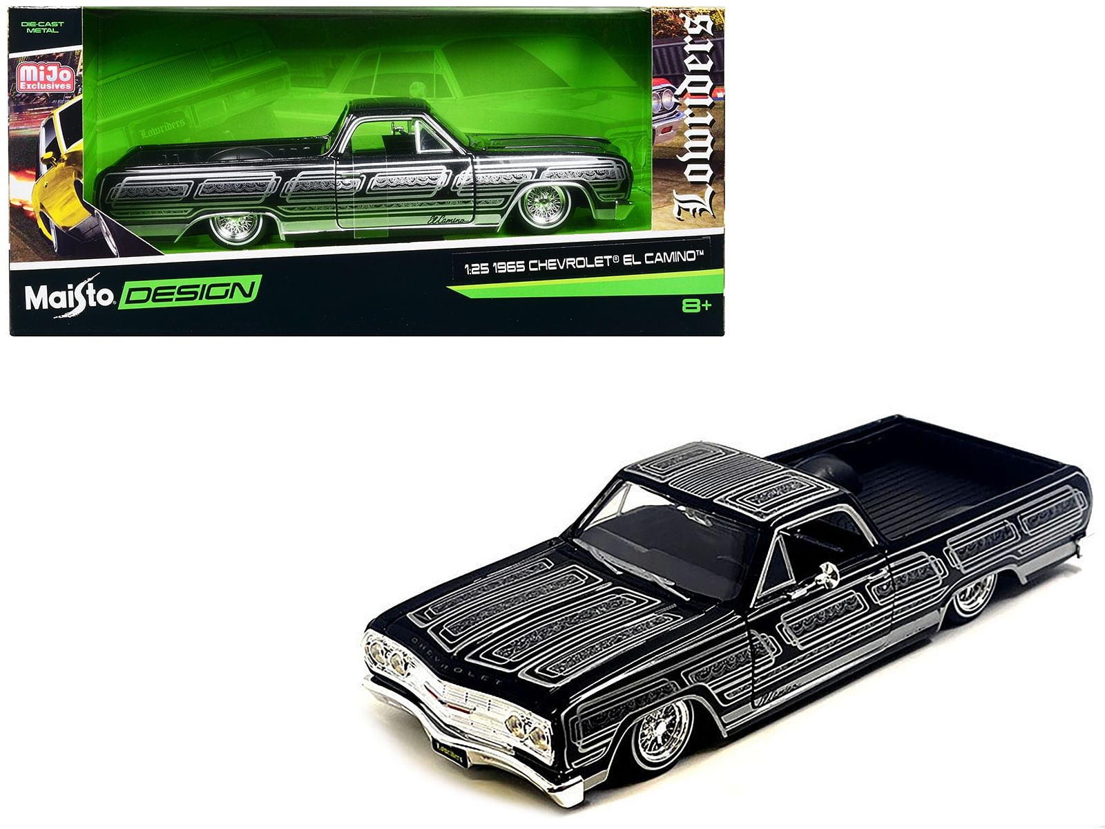 1965 Chevrolet El Camino Lowrider Black Metallic with Silver Graphics “Lowriders” Series 1/25 Diecast Model Car by Maisto