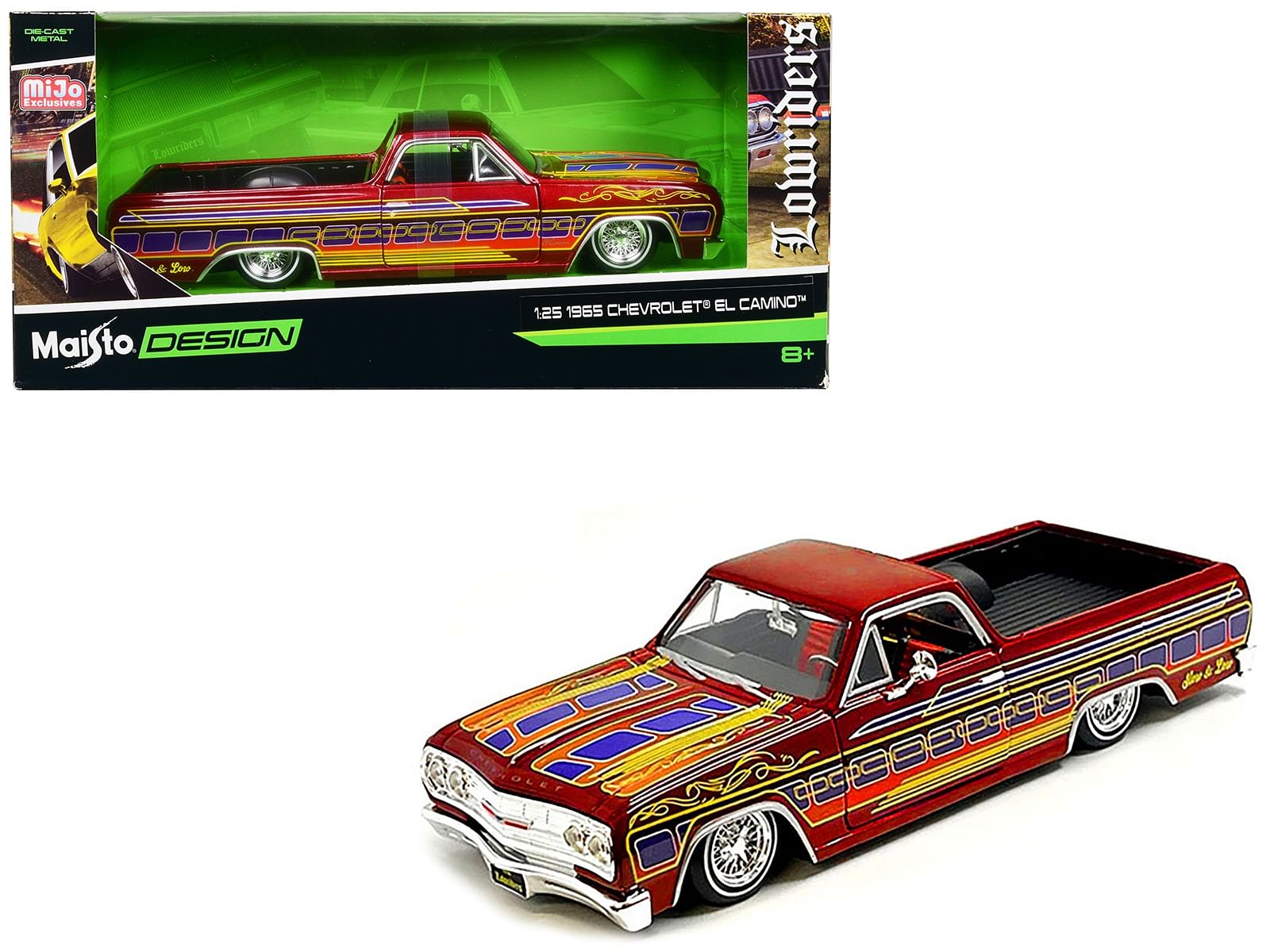 1965 Chevrolet El Camino Lowrider Candy Red Metallic with Graphics “Lowriders” Series 1/25 Diecast Model Car by Maisto