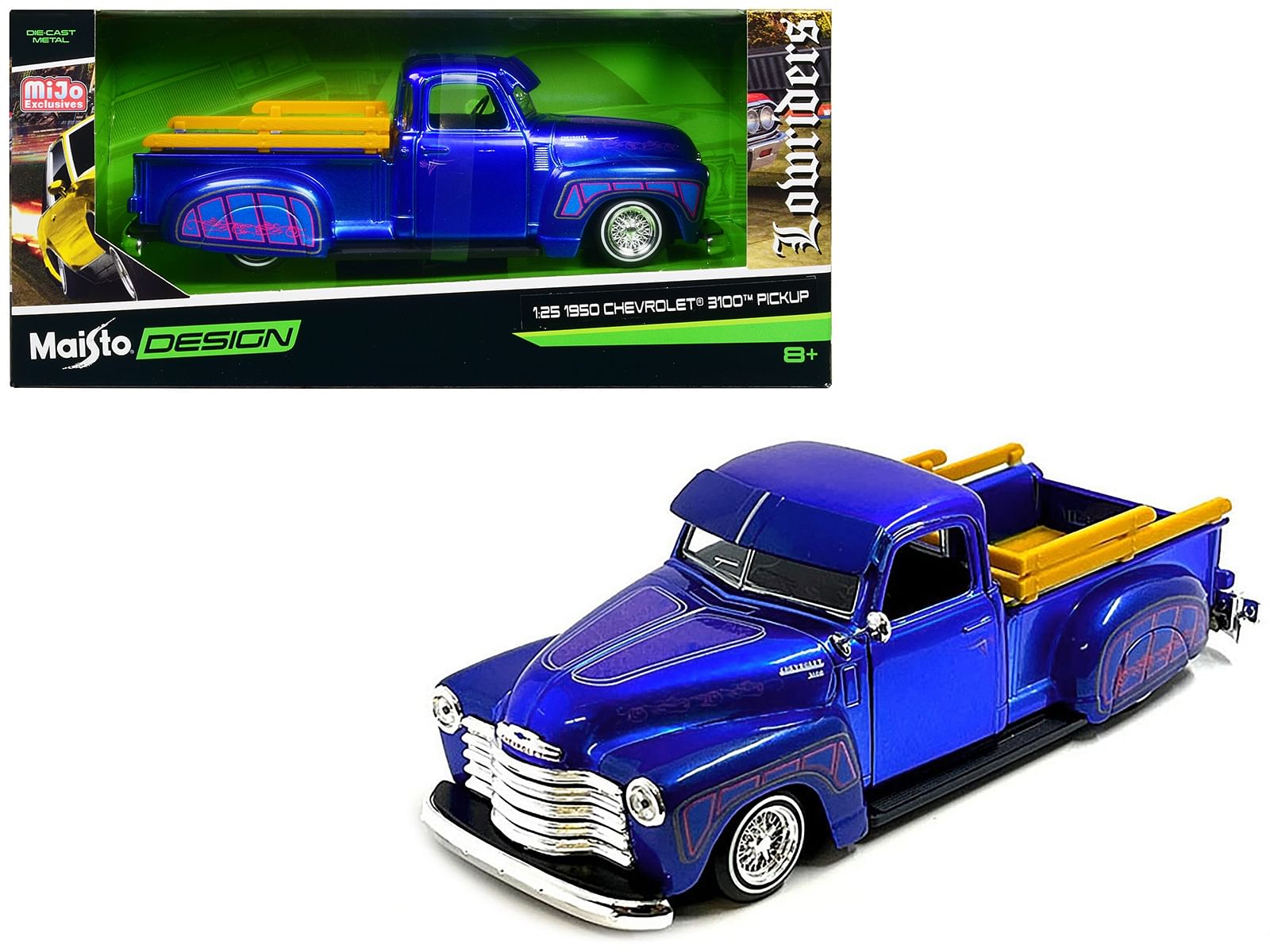 1950 Chevrolet 3100 Pickup Truck Lowrider Candy Blue with Graphics “Lowriders” Series 1/25 Diecast Model Car by Maisto