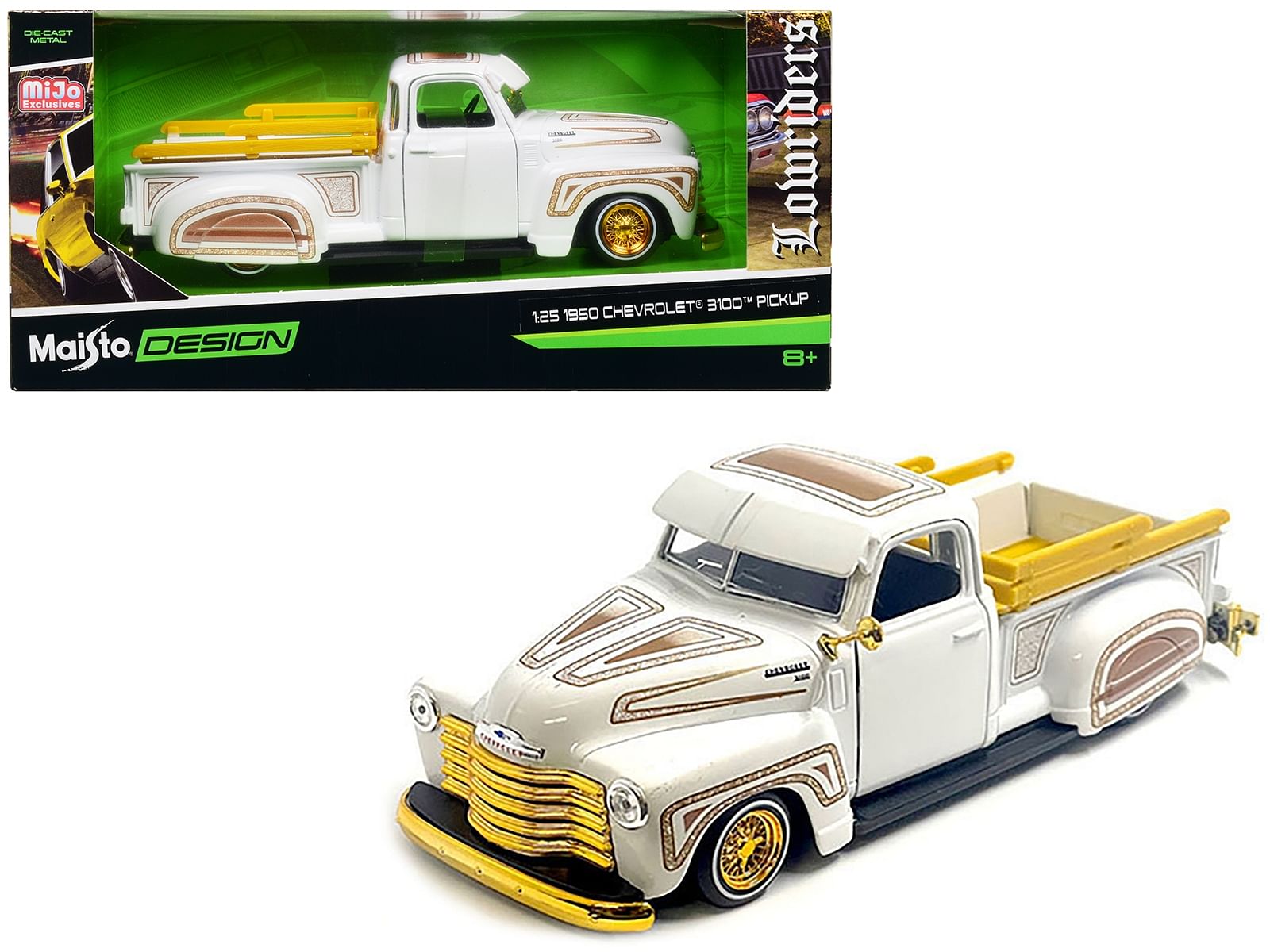 1950 Chevrolet 3100 Pickup Truck Lowrider White with Graphics and Gold Wheels “Lowriders” Series 1/25 Diecast Model Car by Maisto