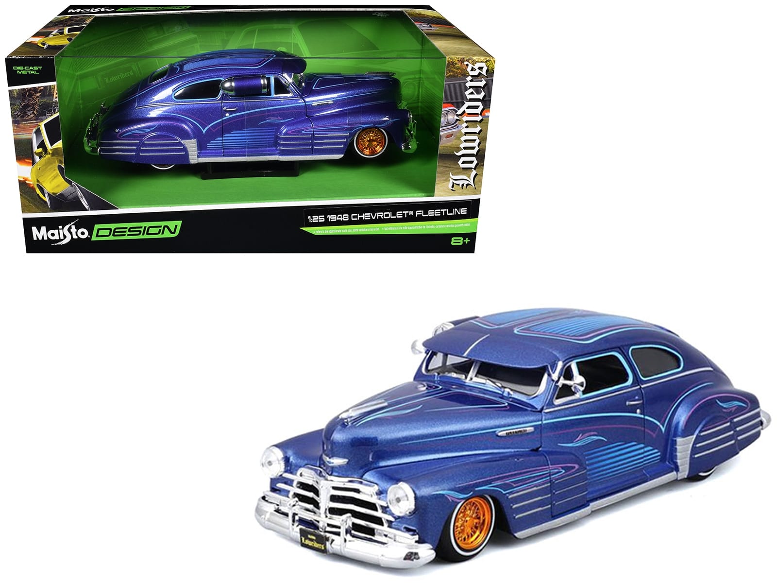 1948 Chevrolet Fleetline Lowrider Blue Metallic with Graphics "Maisto Design" Series 1/25 Diecast Model Car by Maisto