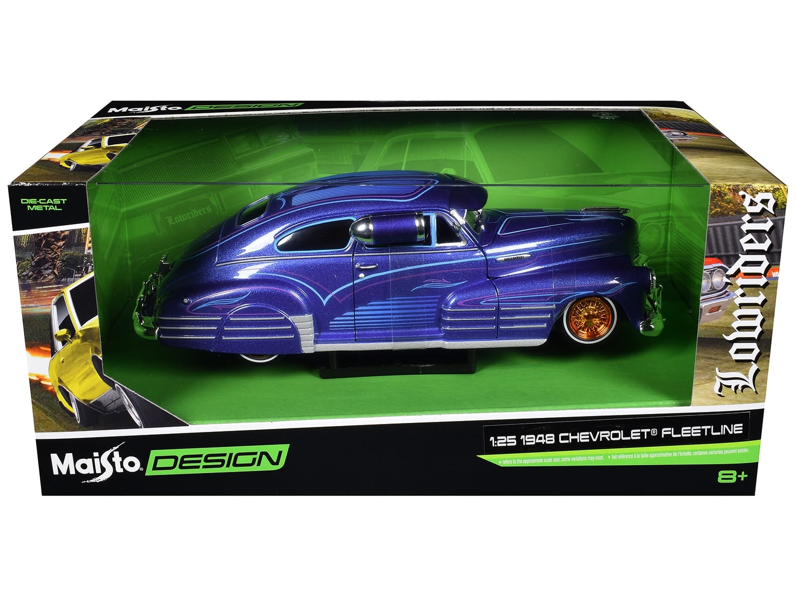 1948 Chevrolet Fleetline Lowrider Blue Metallic with Graphics "Maisto Design" Series 1/25 Diecast Model Car by Maisto - Image 3