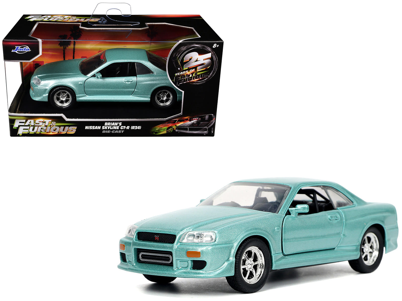 Brian's Nissan Skyline GT-R (BNR34) RHD (Right Hand Drive) Turquoise Metallic "Fast & Furious" Movie 1/32 Diecast Model Car by Jada