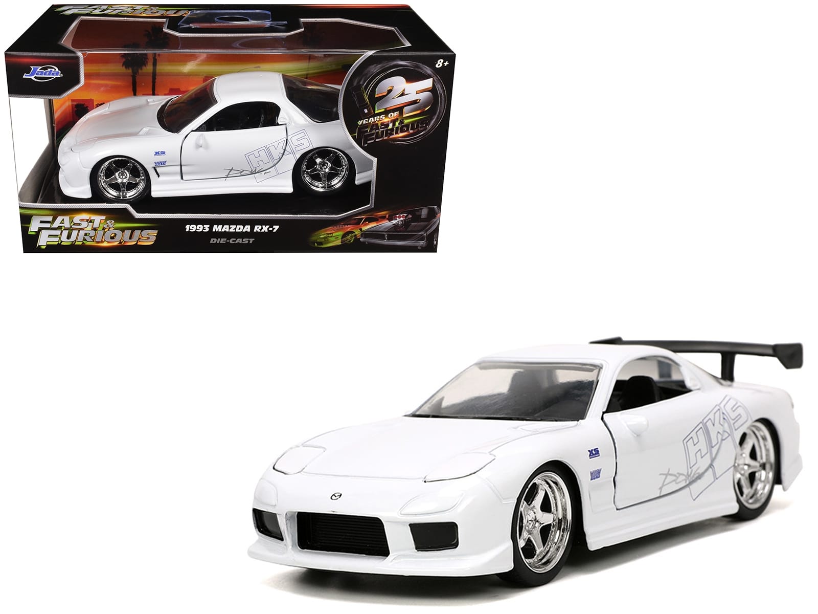 1993 Mazda RX-7 "HKS" White "The Fast and the Furious" (2001) Movie "25 Years of Fast & Furious" Series 1/32 Diecast Model Car by Jada