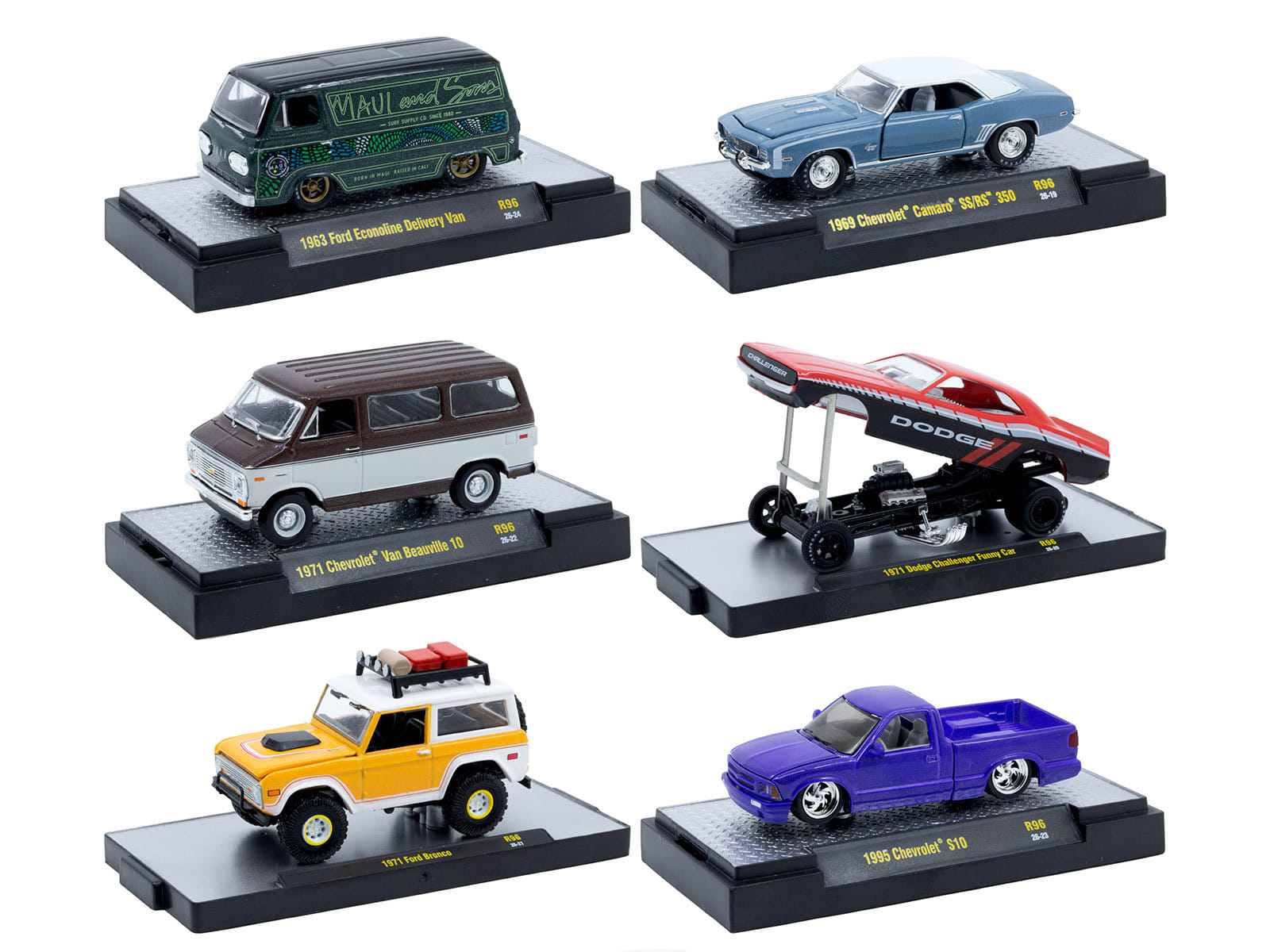 "Auto Meets" Set of 6 Cars IN DISPLAY CASES Release 96 Limited Edition 1/64 Diecast Model Cars by M2 Machines