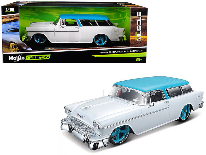 1955 Chevrolet Bel Air Nomad Metallic White with Blue Top “Classic Muscle” 1/18 Diecast Model Car by Maisto