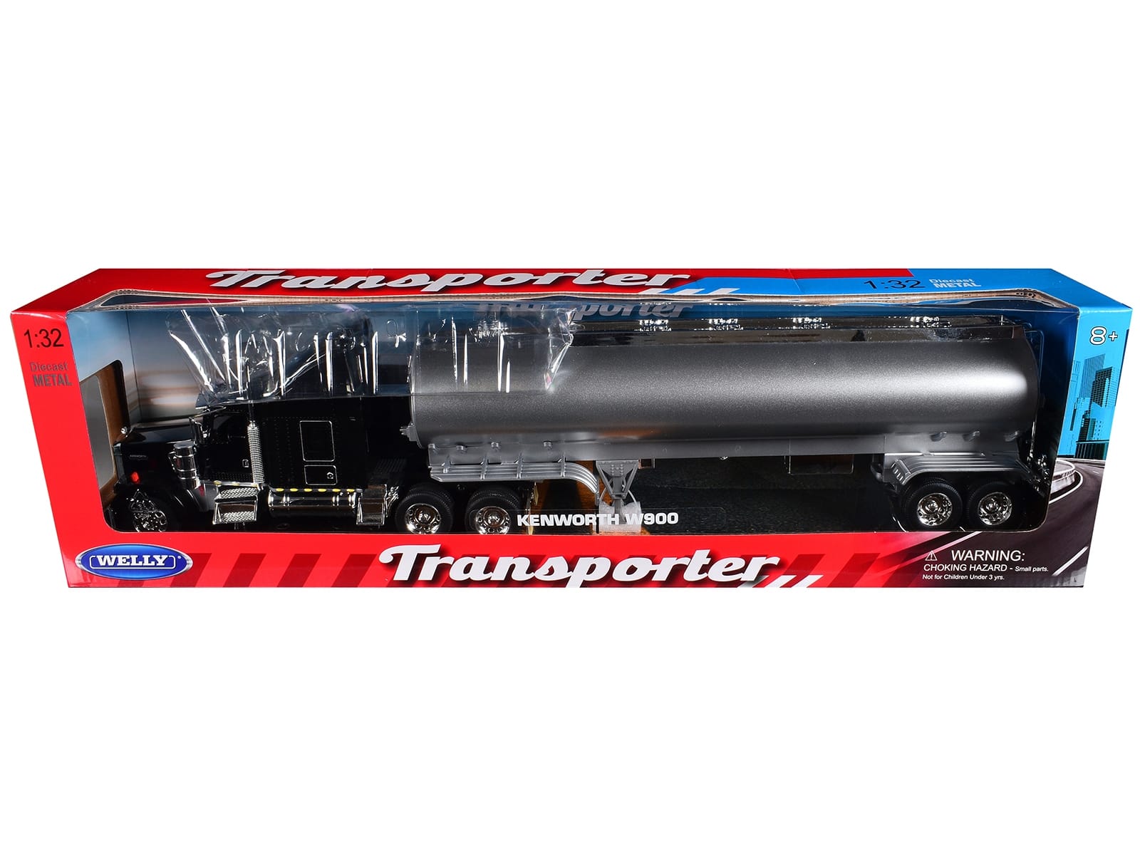 Kenworth W900 Truck Black with Silver Tanker Trailer "Transporter" Series 1/32 Diecast Model by Welly
