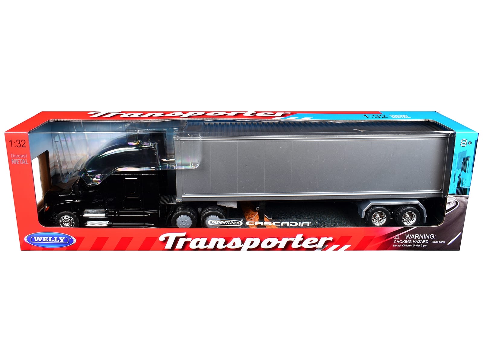 Freightliner Cascadia Truck Black with Silver Container "Transporter" Series 1/32 Diecast Model by Welly - Image 3