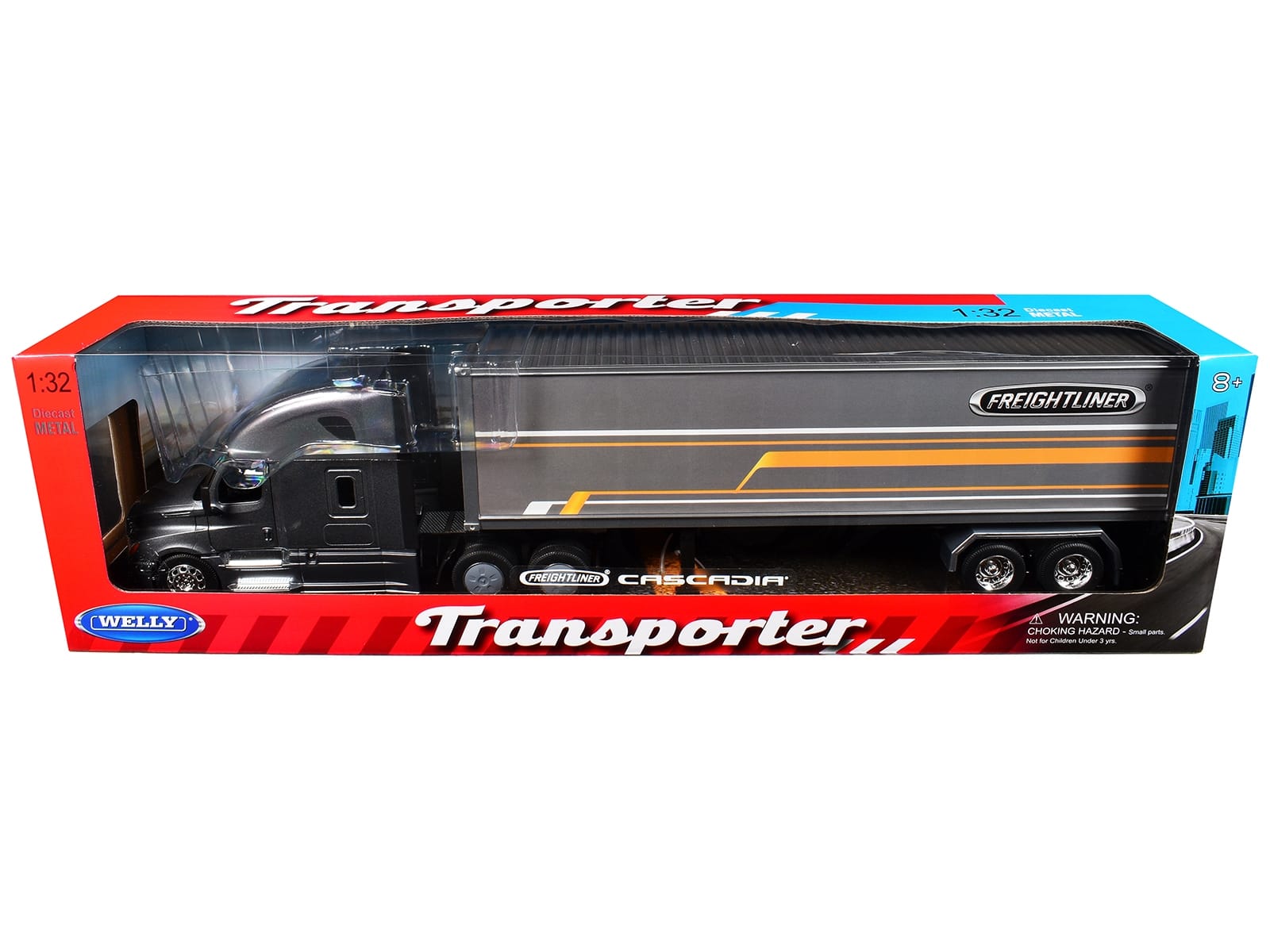 Freightliner Cascadia Truck Gray Metallic with Gray Container with Graphics "Transporter" Series 1/32 Diecast Model by Welly - Image 3