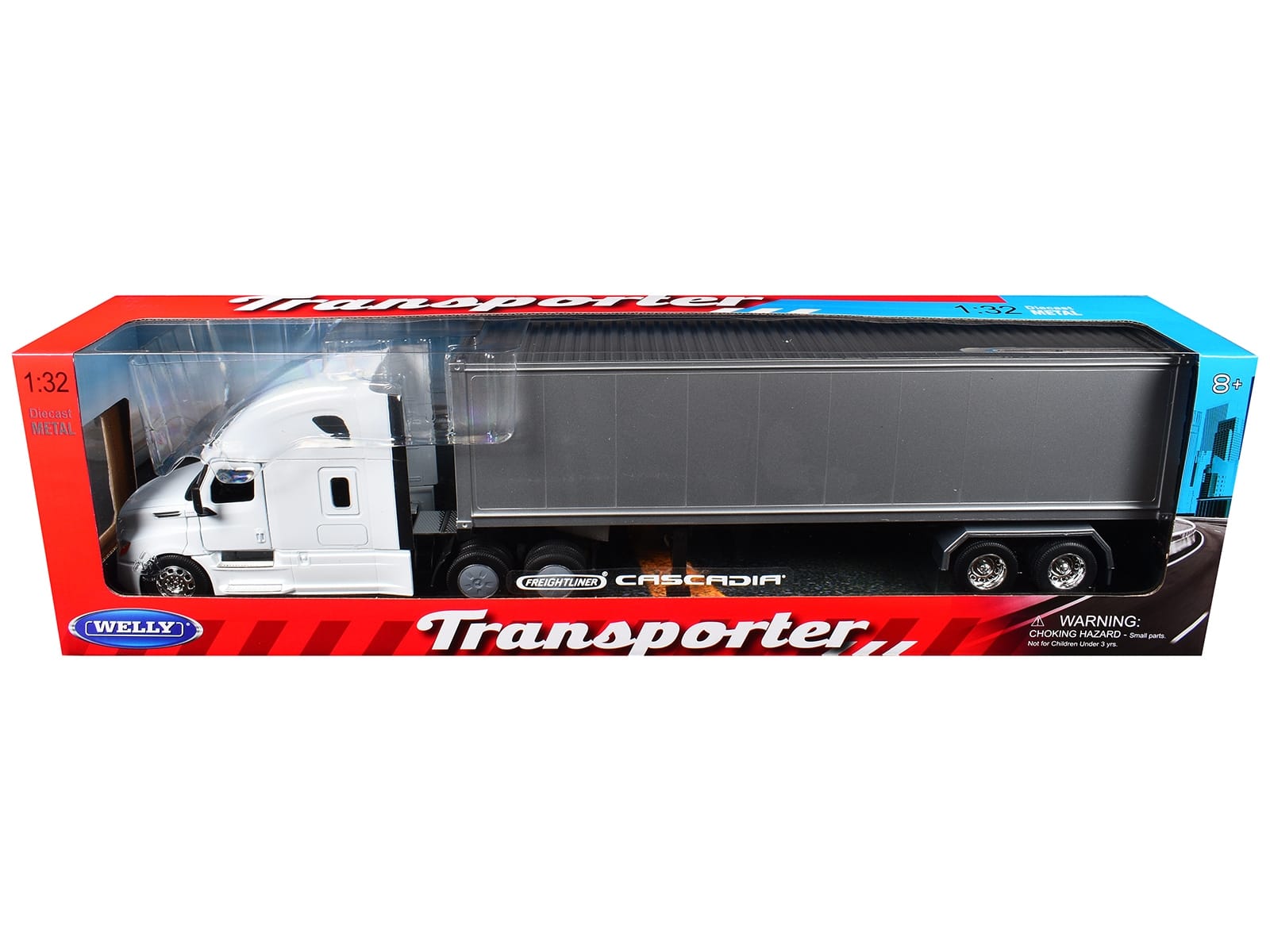 Freightliner Cascadia Truck White with Gray Container "Transporter" Series 1/32 Diecast Model by Welly - Image 3