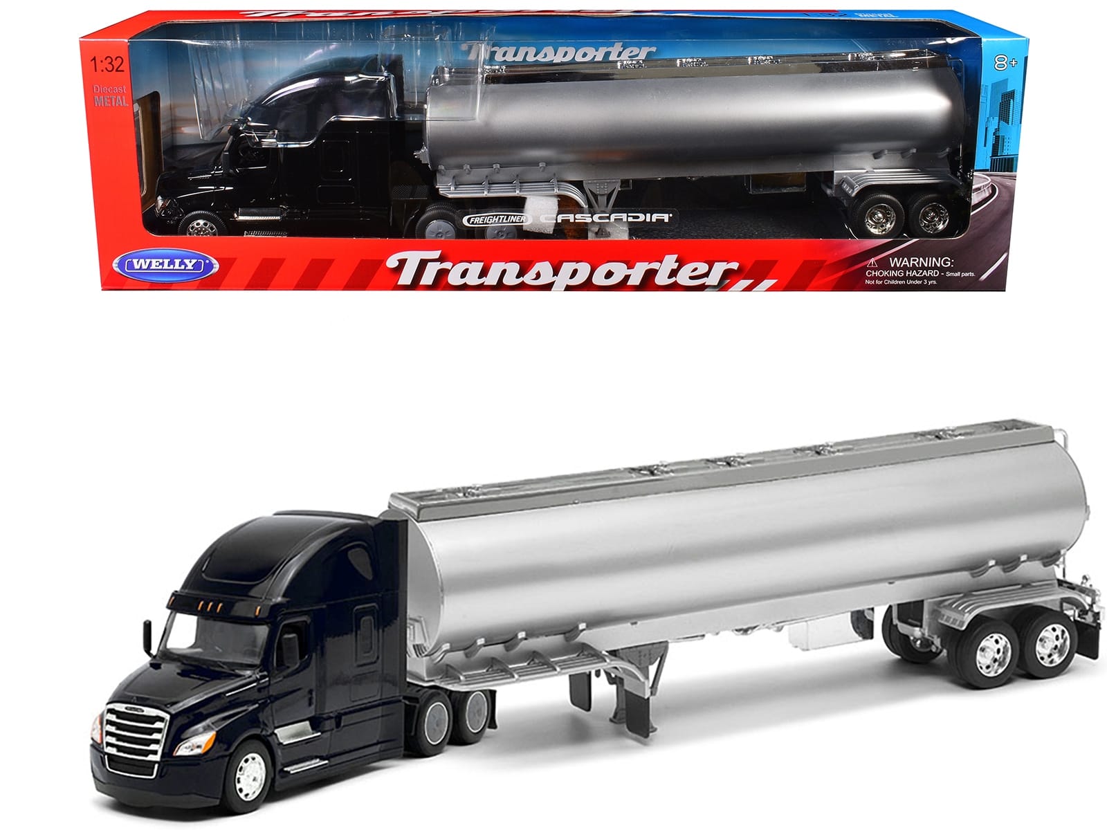 Freightliner Cascadia Truck Black with Silver Tanker Trailer "Transporter" Series 1/32 Diecast Model by Welly - Image 2