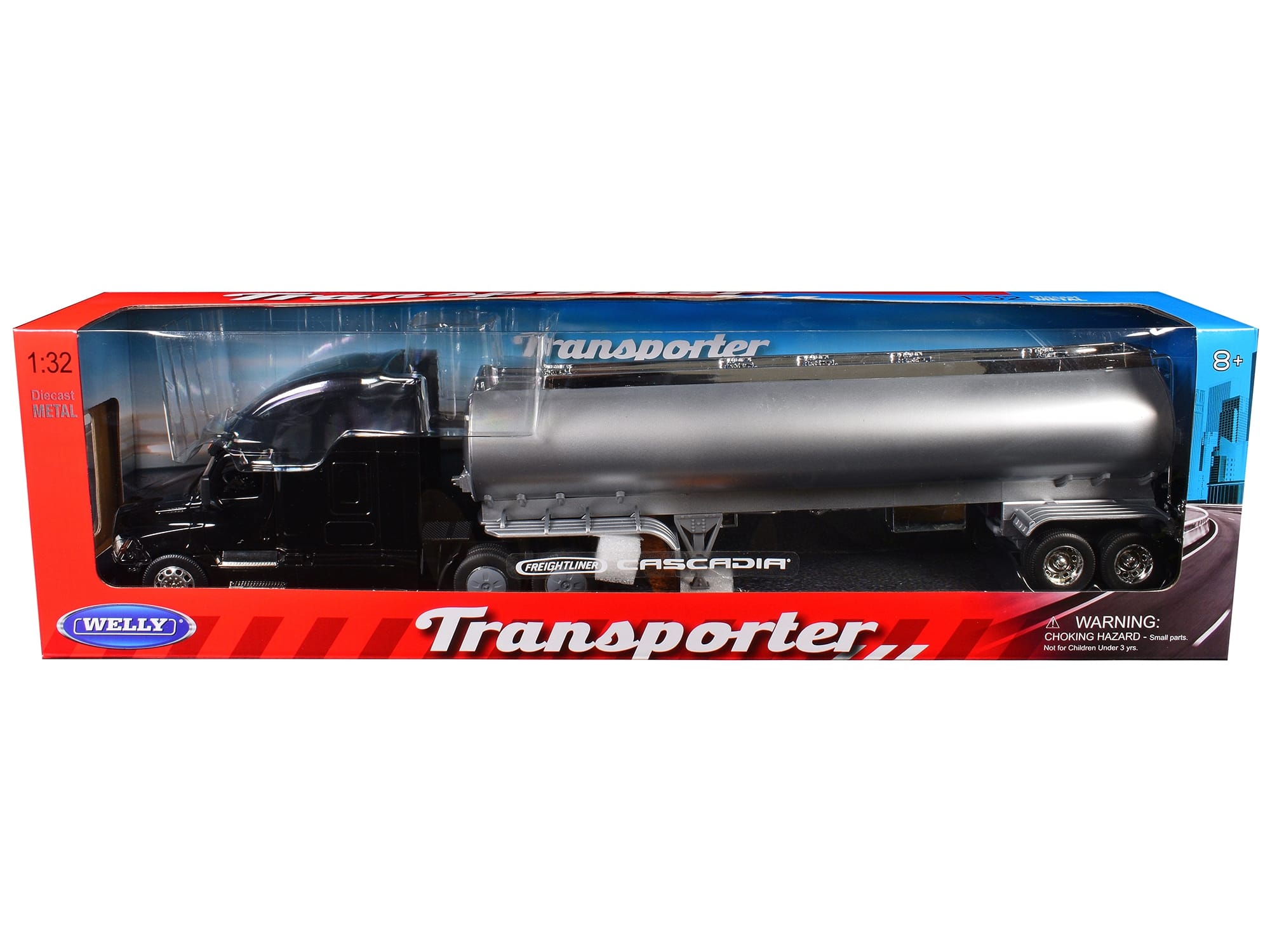 Freightliner Cascadia Truck Black with Silver Tanker Trailer "Transporter" Series 1/32 Diecast Model by Welly - Image 3